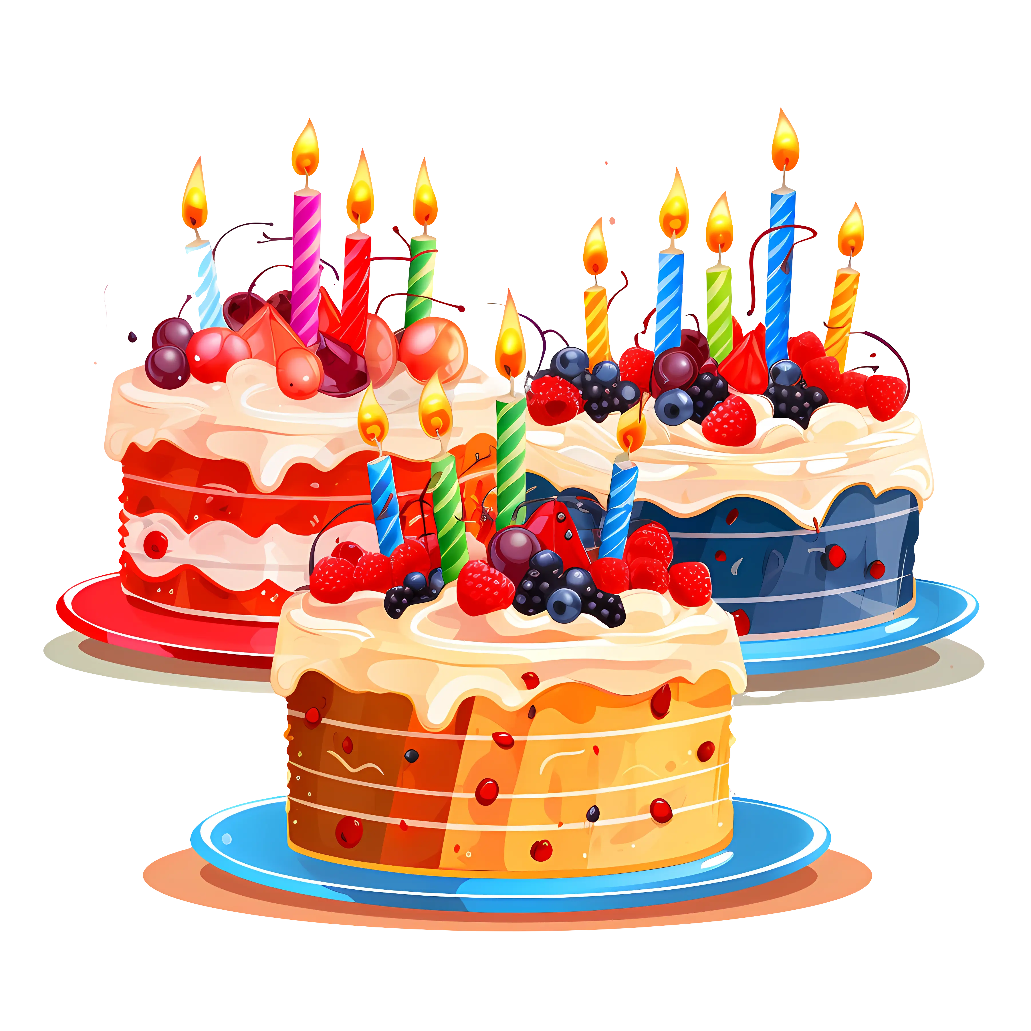 Three Colorful Birthday Cakes with Candles