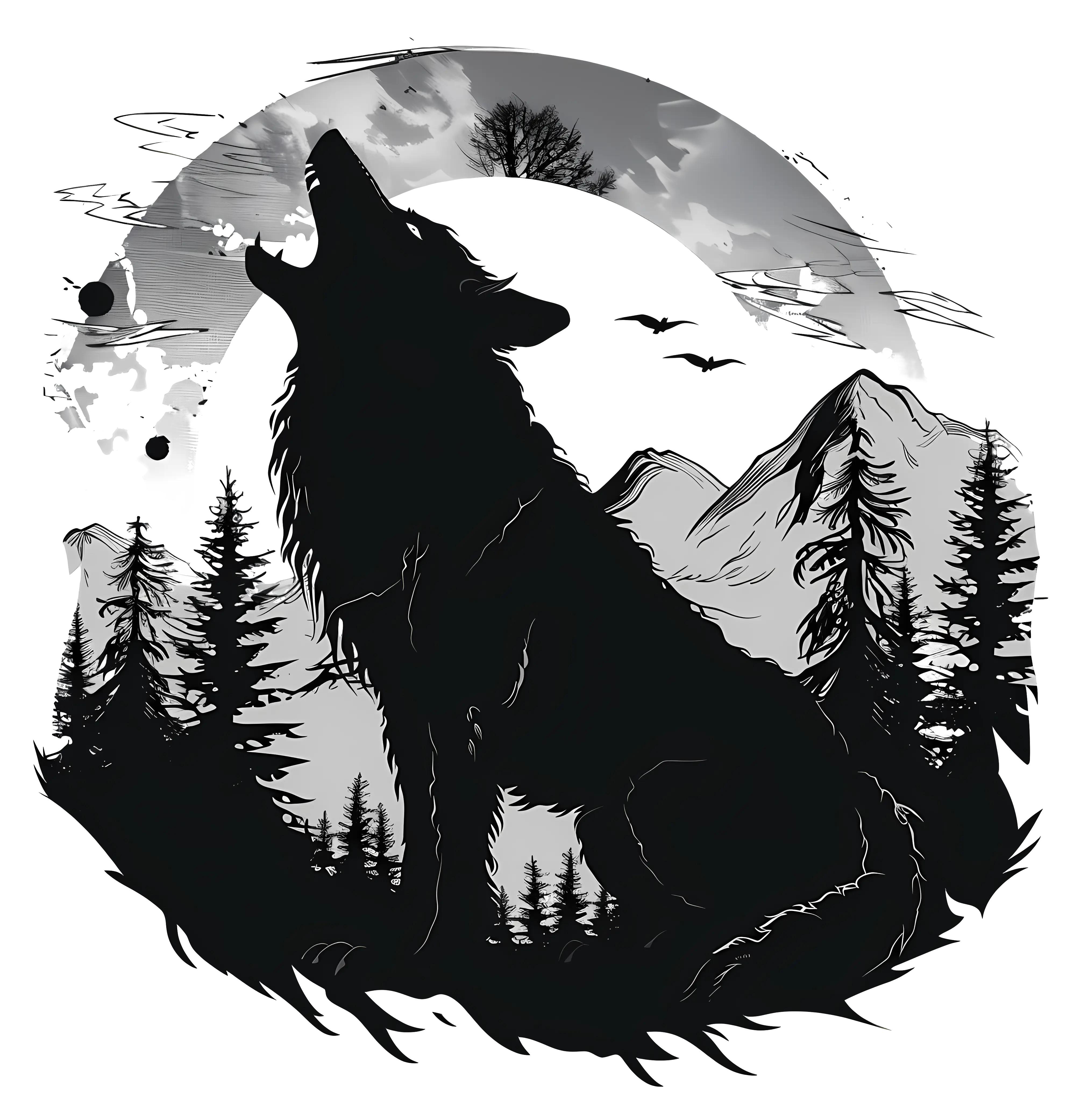 Howling Wolf Silhouette in Forest Scene