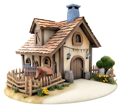 Cartoon House with Fence and Barrel
