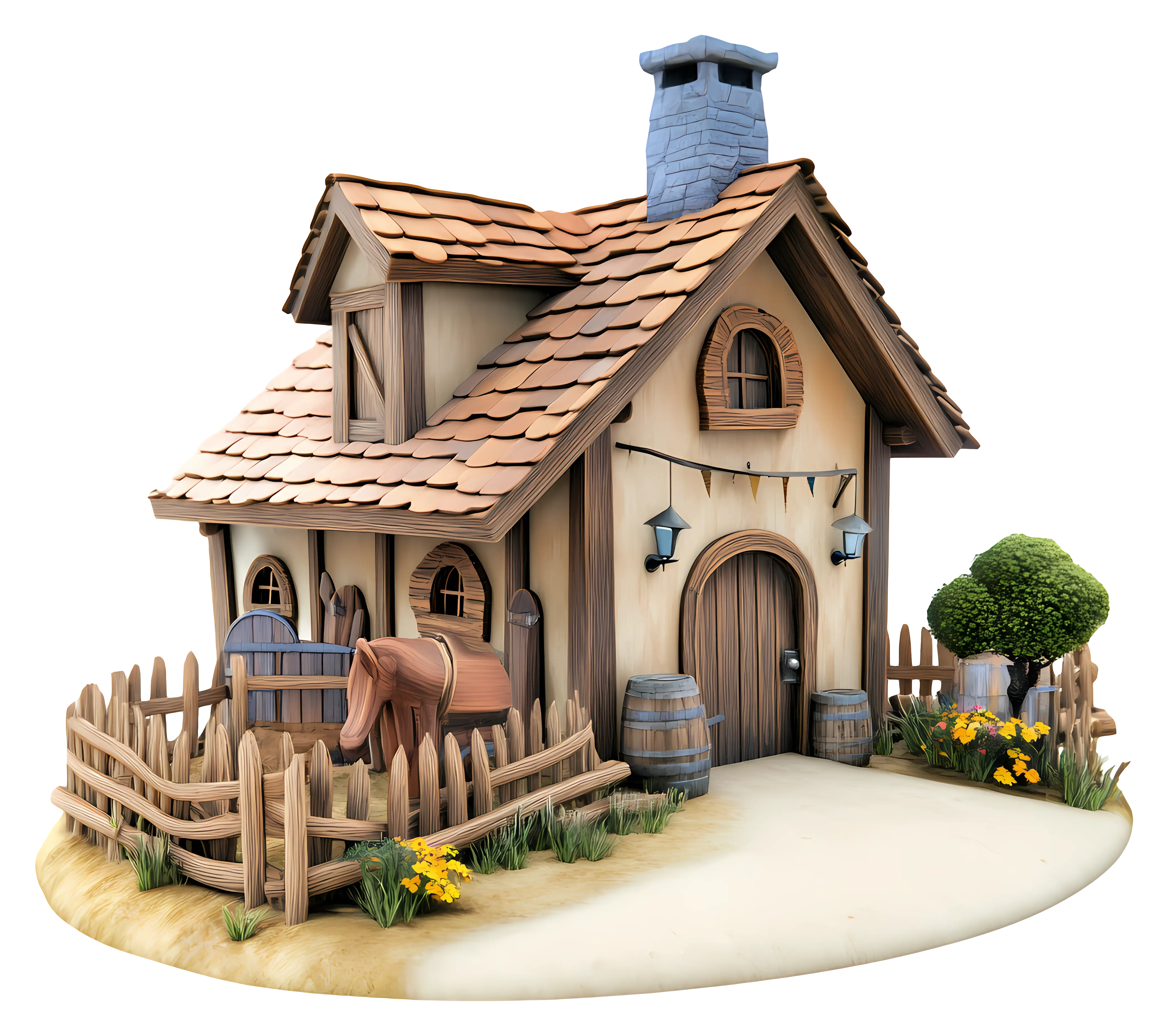 Cartoon House with Fence and Barrel