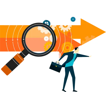 Businessman with Magnifying Glass and Arrow