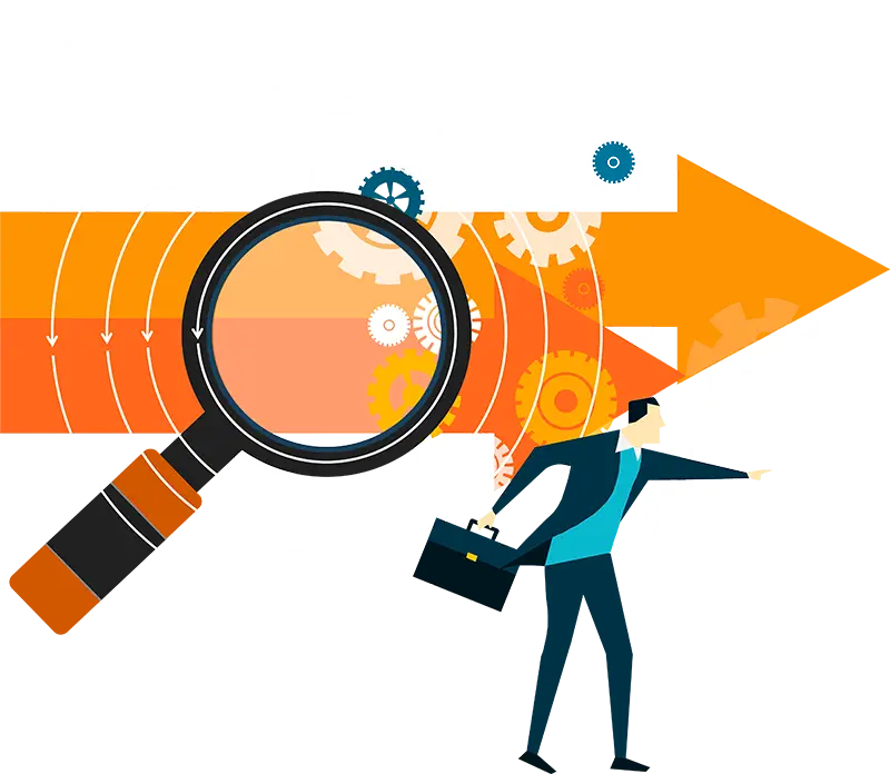 Businessman with Magnifying Glass and Arrow