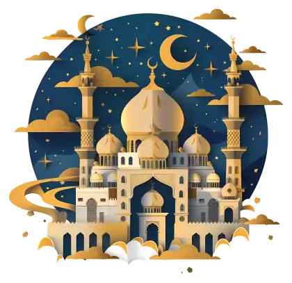 Golden Mosque with Crescent Moon in Night Sky