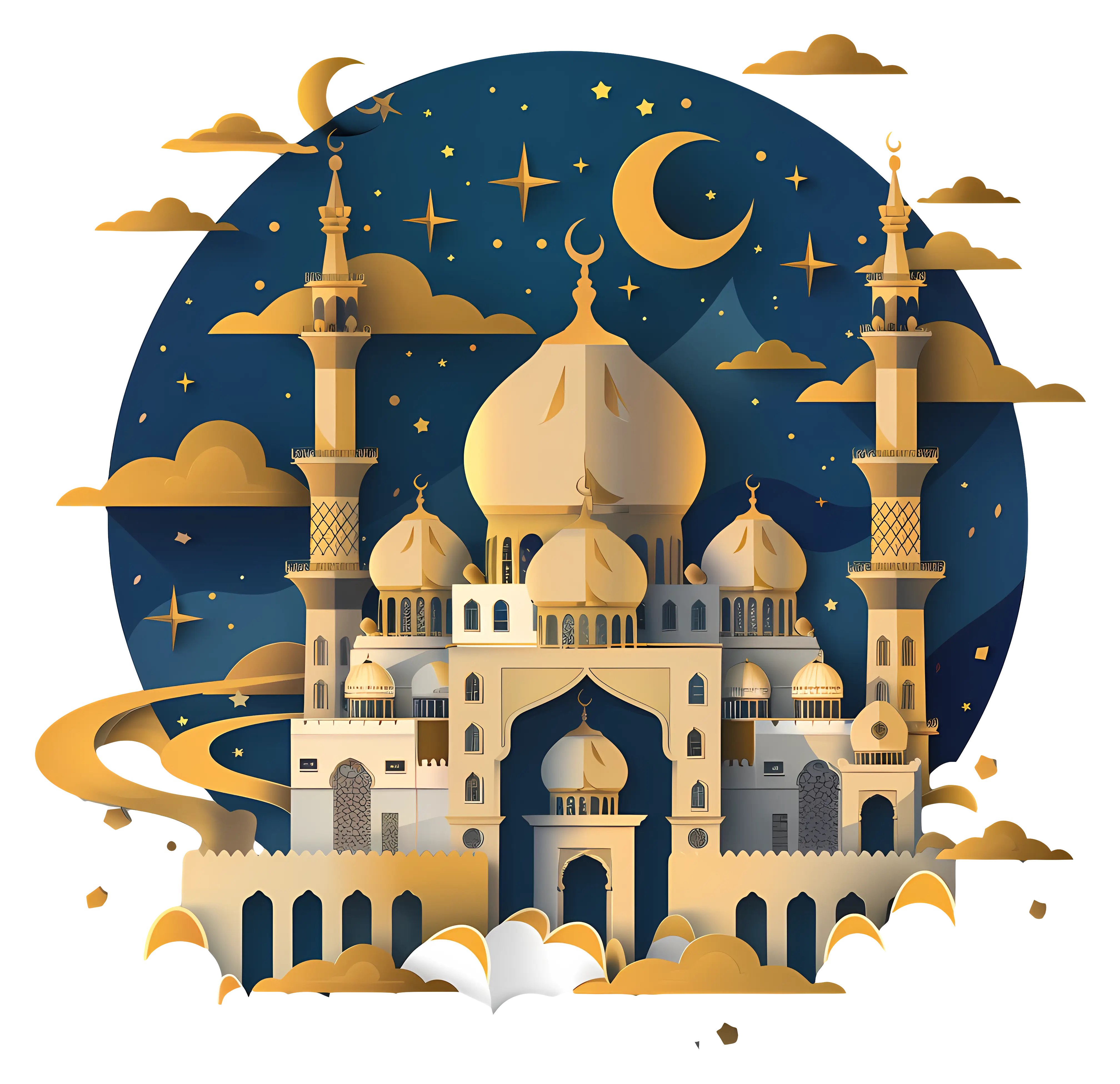 Golden Mosque with Crescent Moon in Night Sky