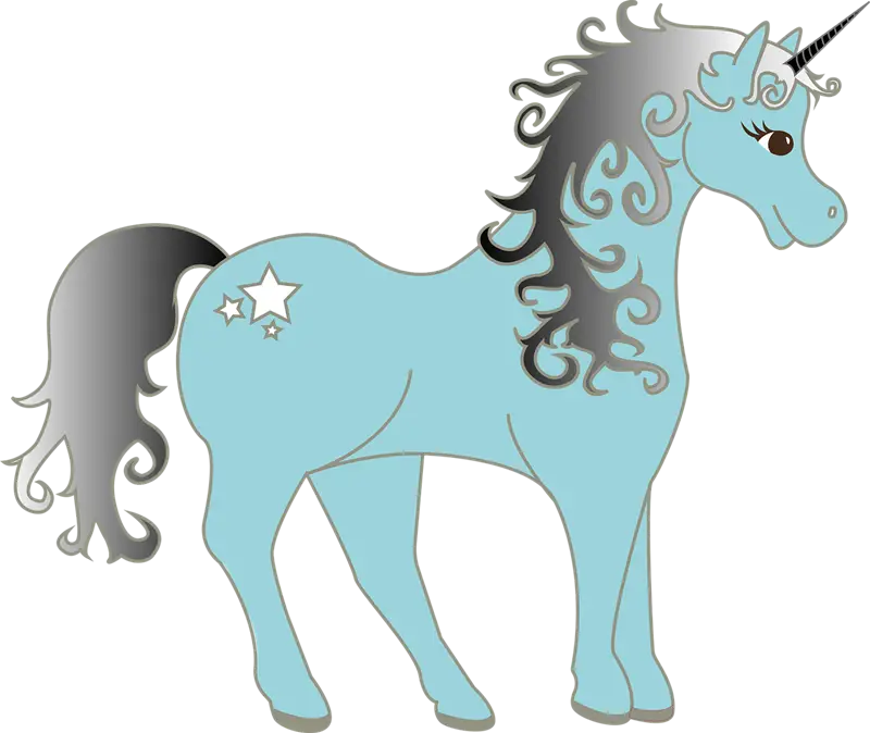 Blue Unicorn Cartoon with Black Hair