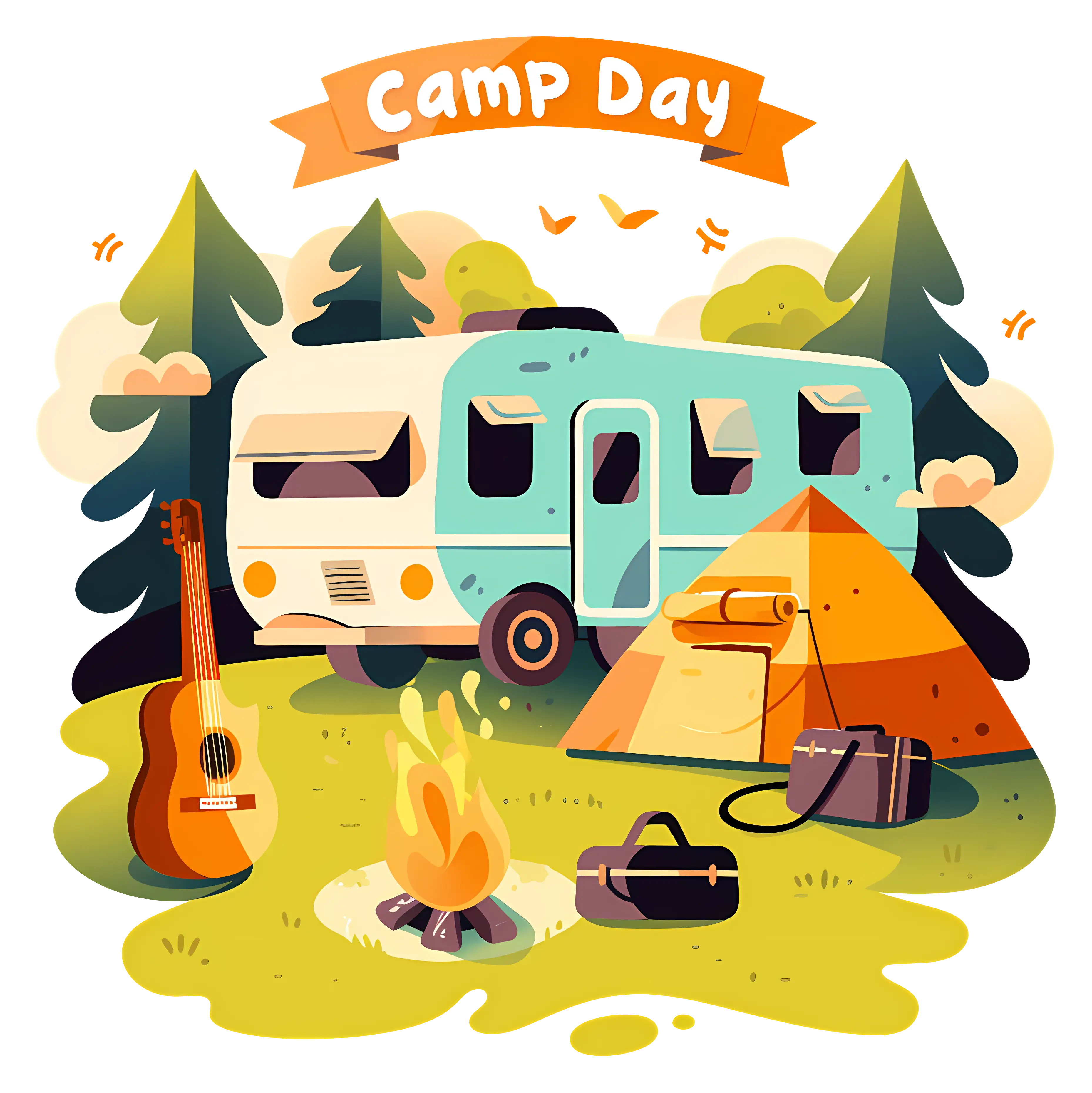 Camp Day Illustration with Caravan