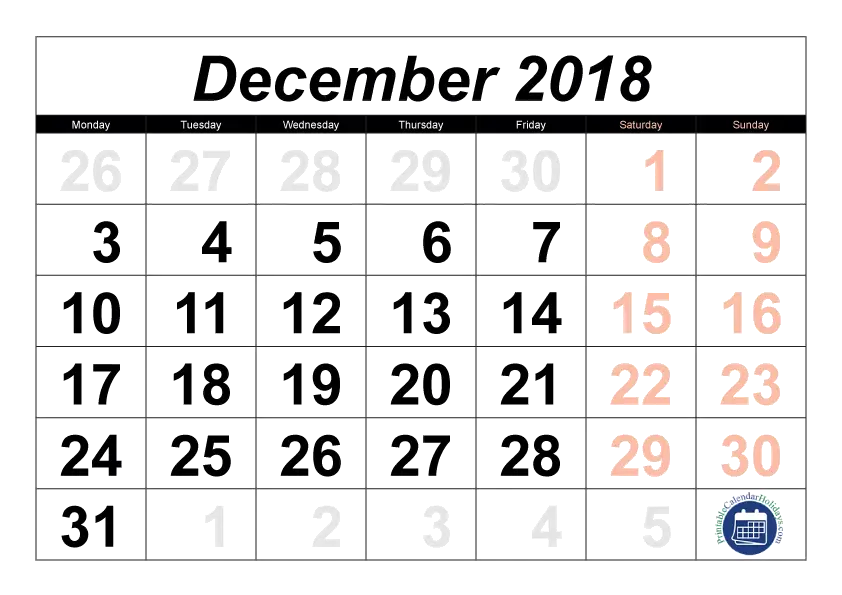 December 2018 Calendar Layout