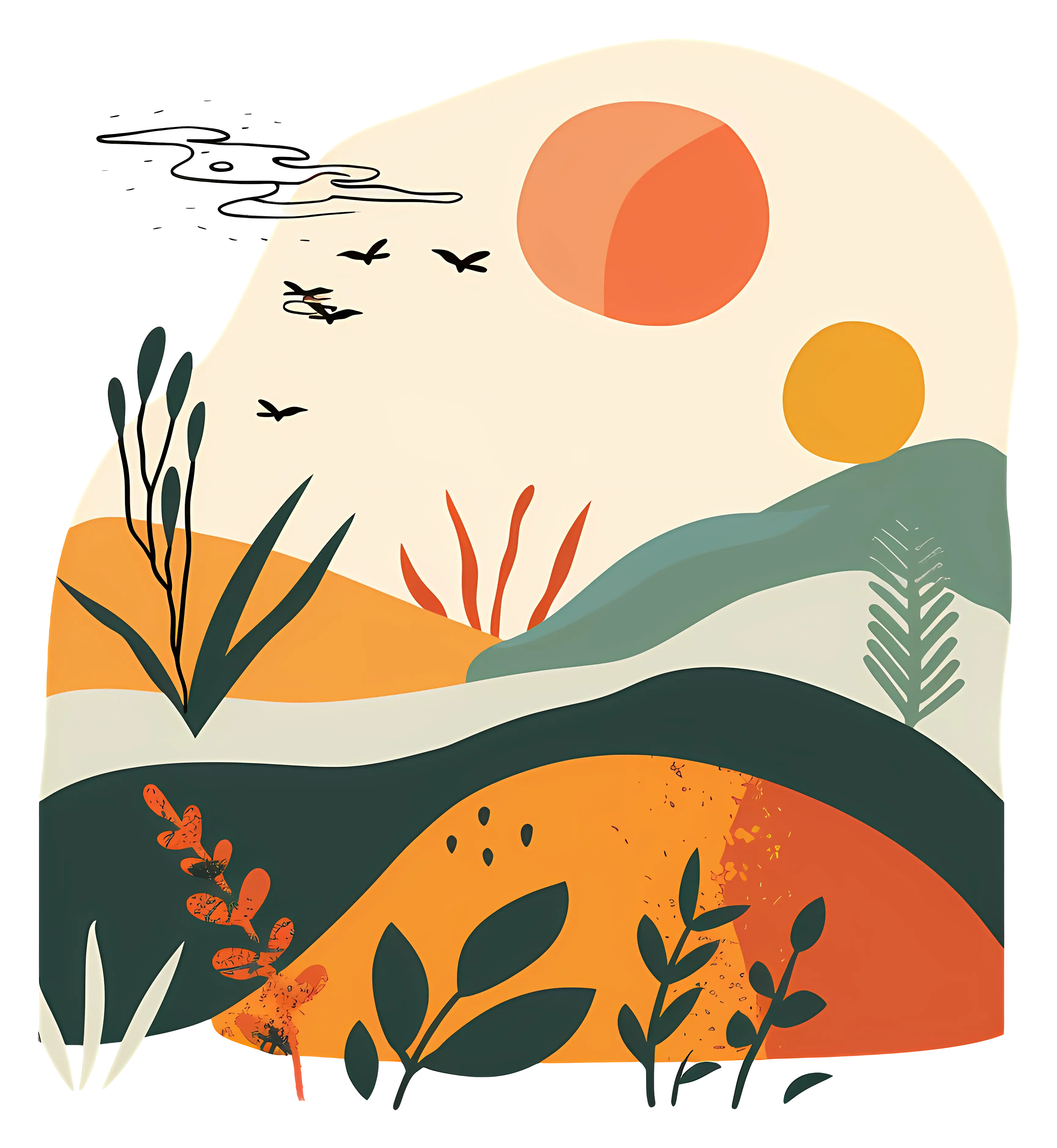 Modern Abstract Landscape with Sun and Hills