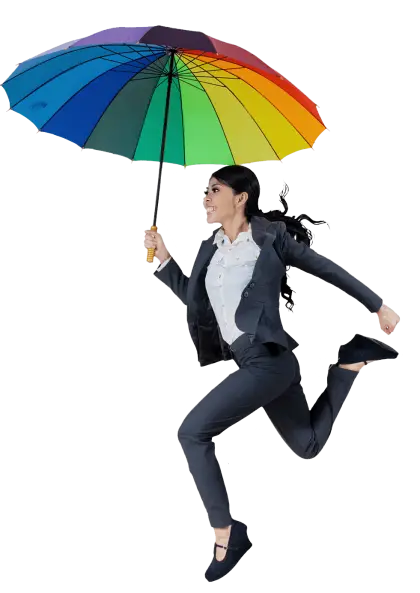 Woman Holding a Colorful Umbrella in Motion