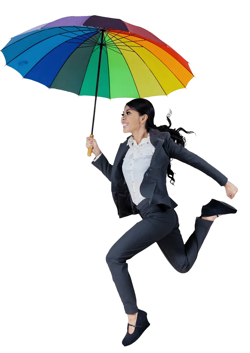 Woman Holding a Colorful Umbrella in Motion