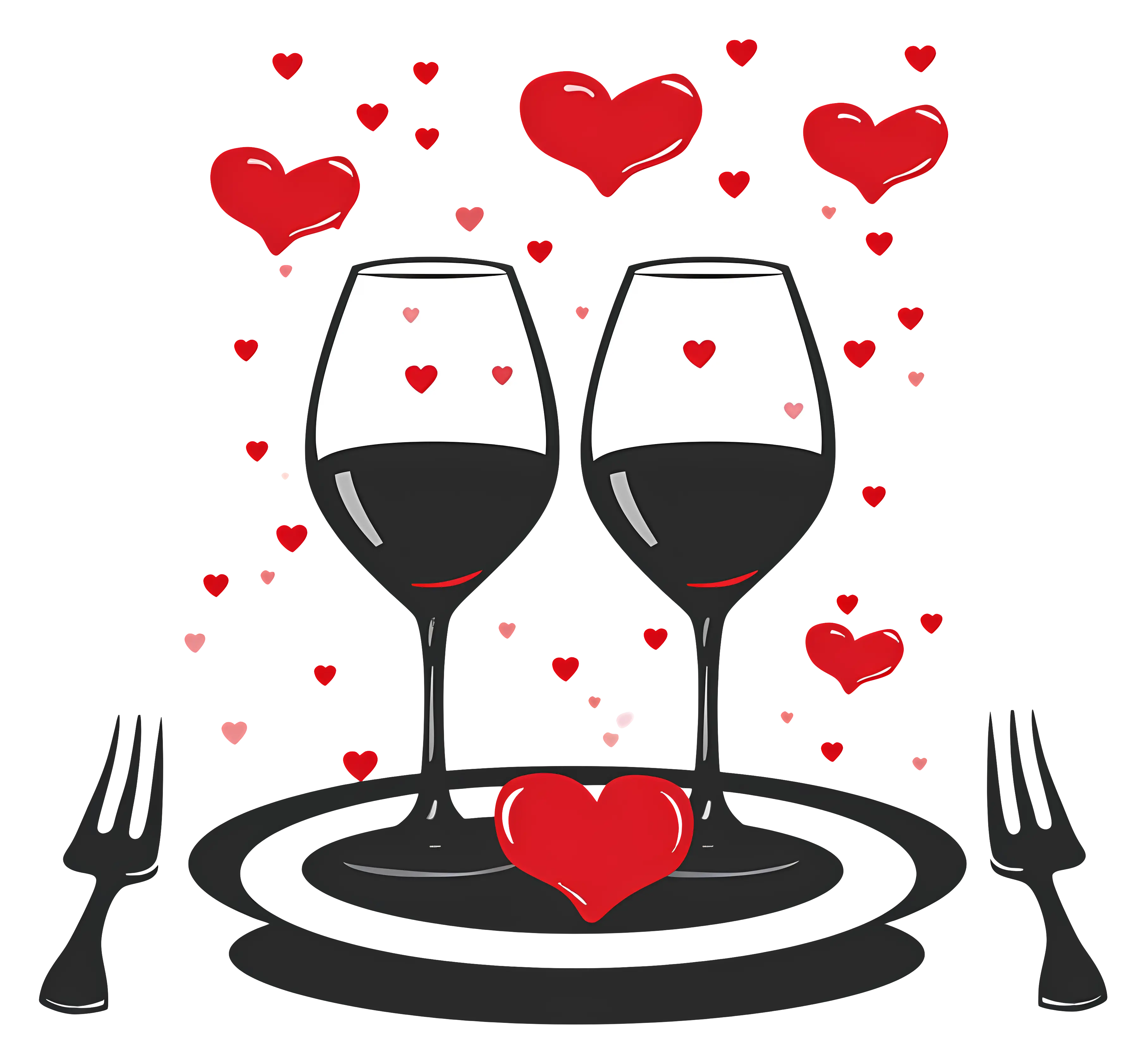Romantic Dinner with Wine Glasses and Hearts