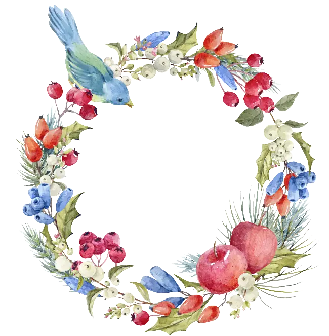 Floral Wreath with Bird and Berries