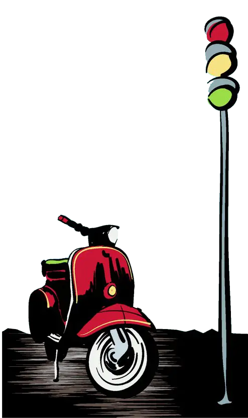 Red Scooter with Traffic Light