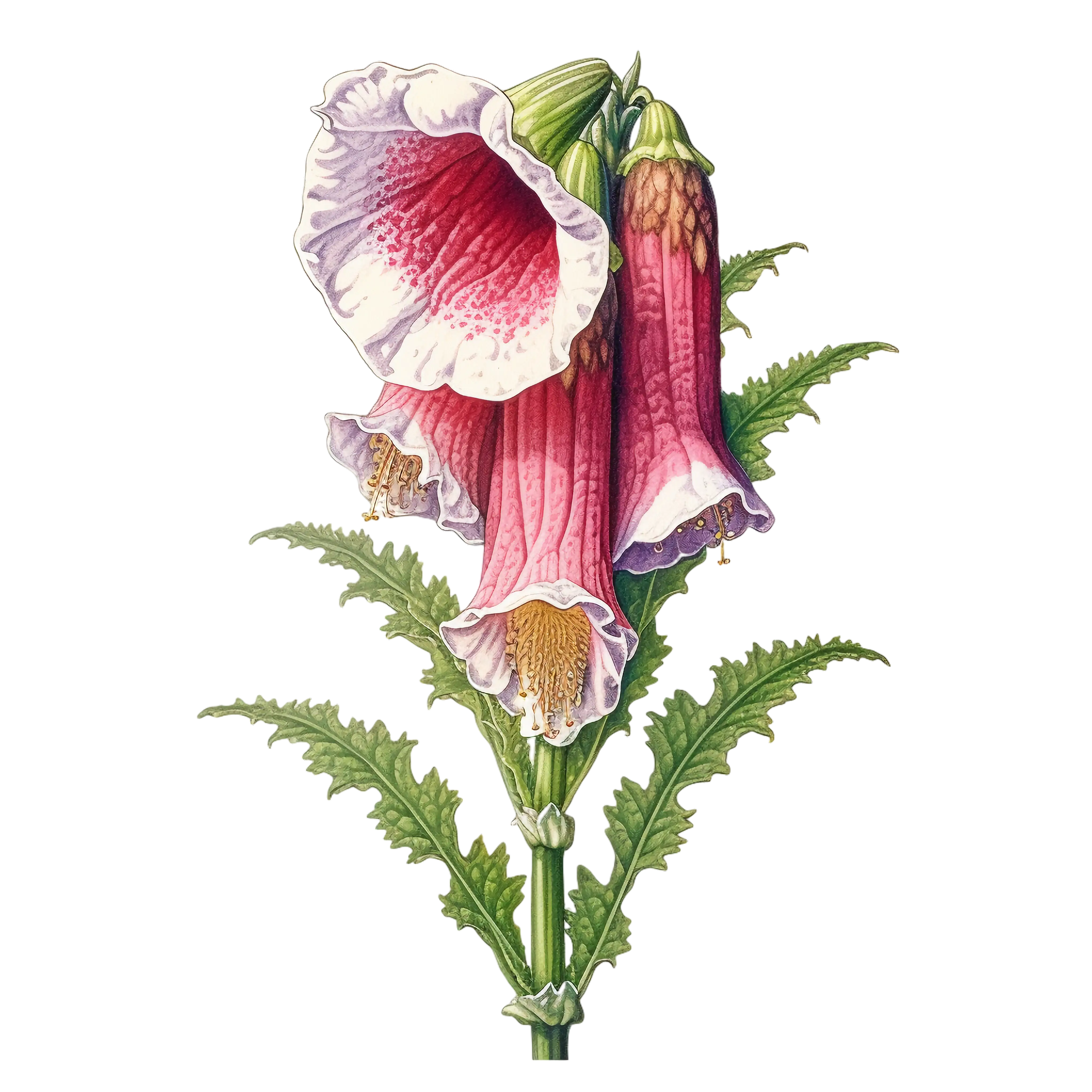 Botanical Illustration of Pink Foxglove Flowers
