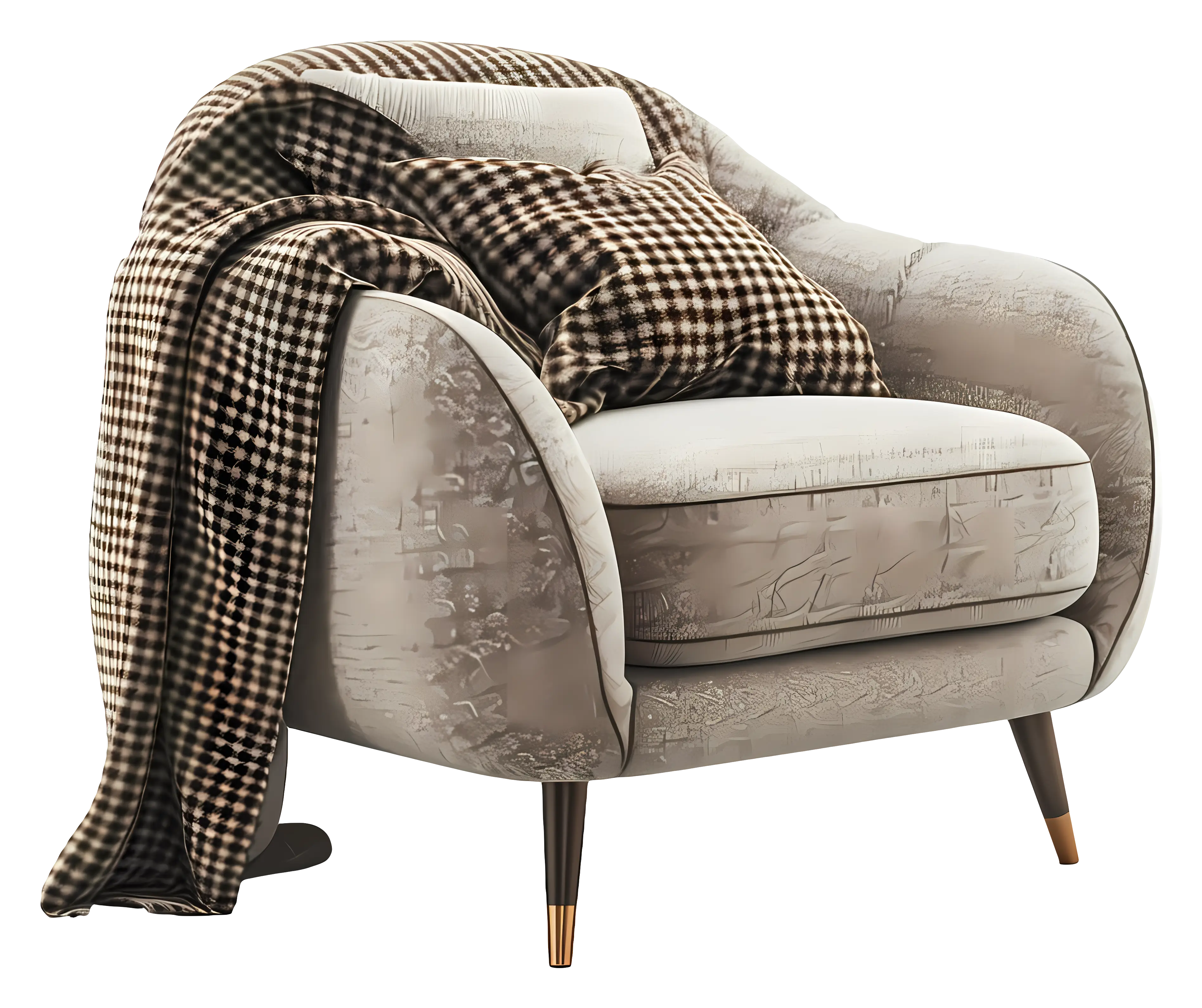 Gray Armchair with Blanket and Pillow