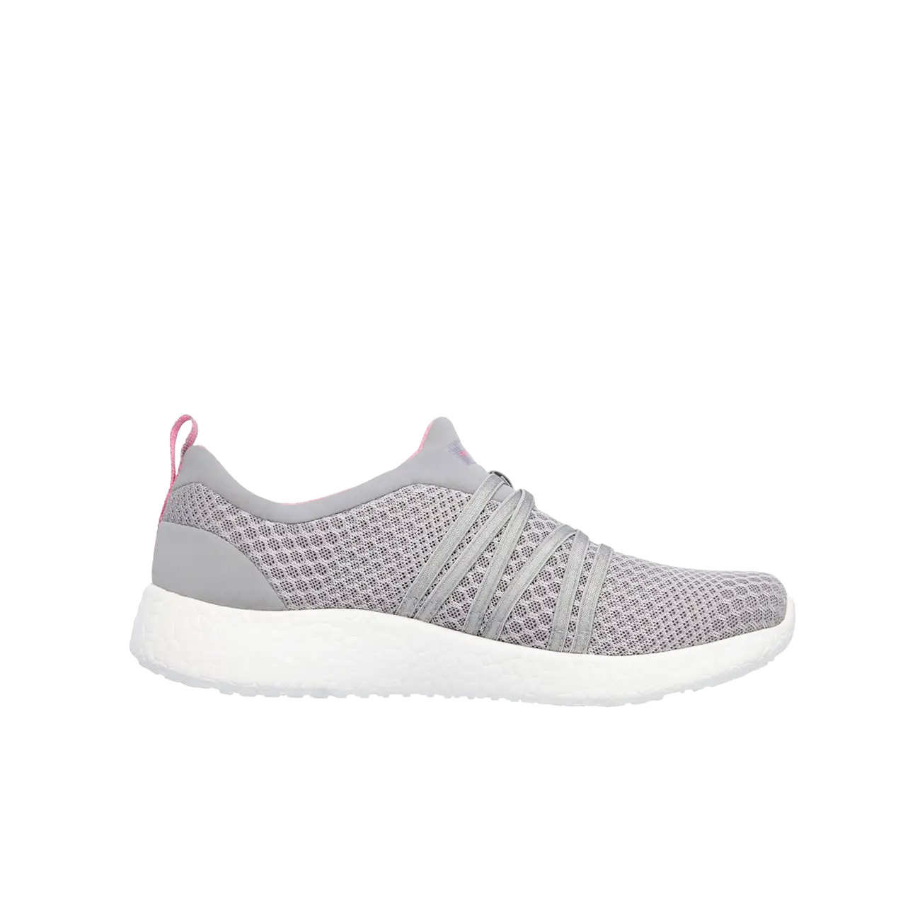 Gray athletic shoe with pink details