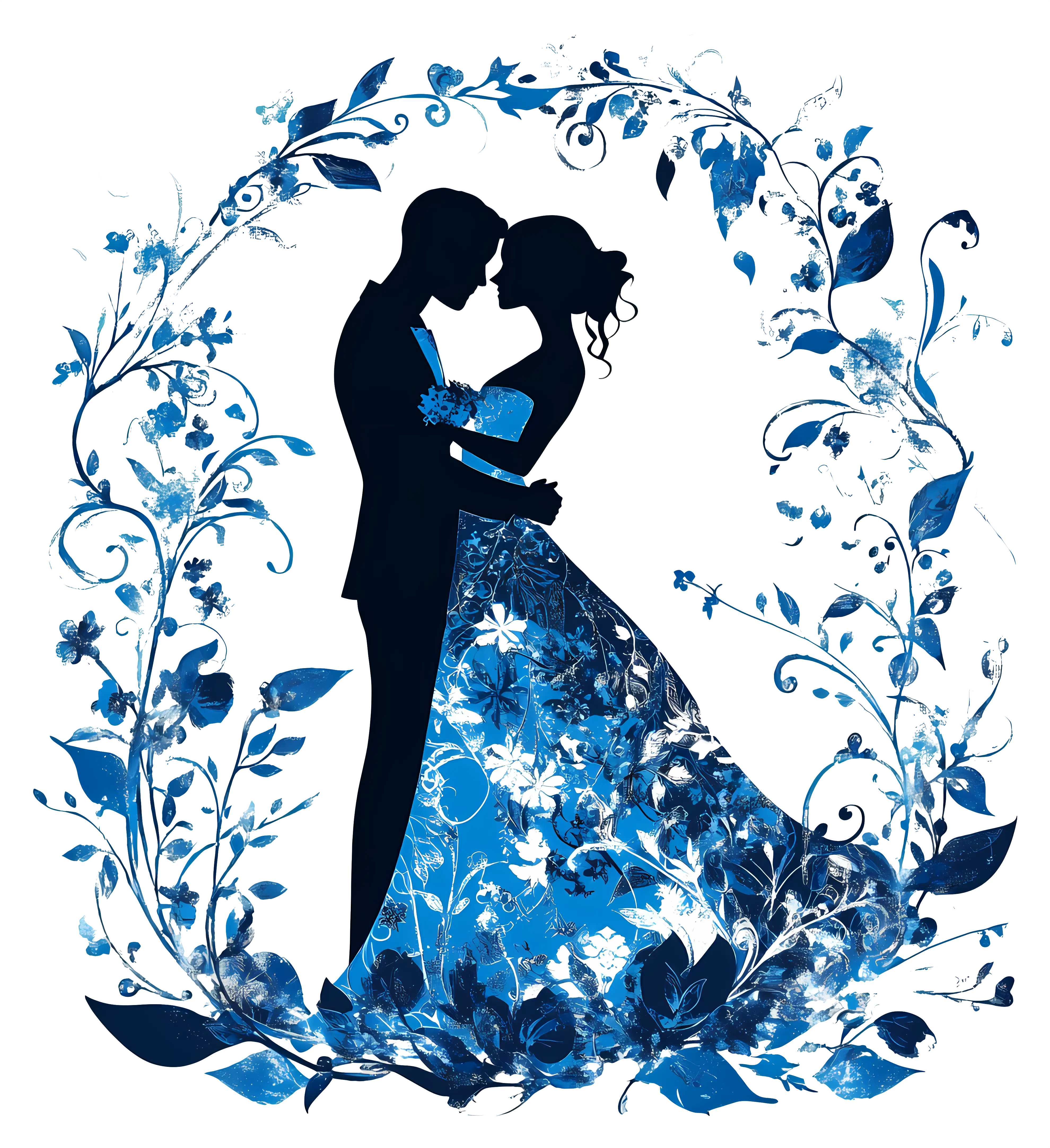 Blue Floral Wedding Couple Silhouette