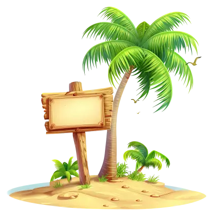 Tropical Island with Palm Tree and Wooden Sign