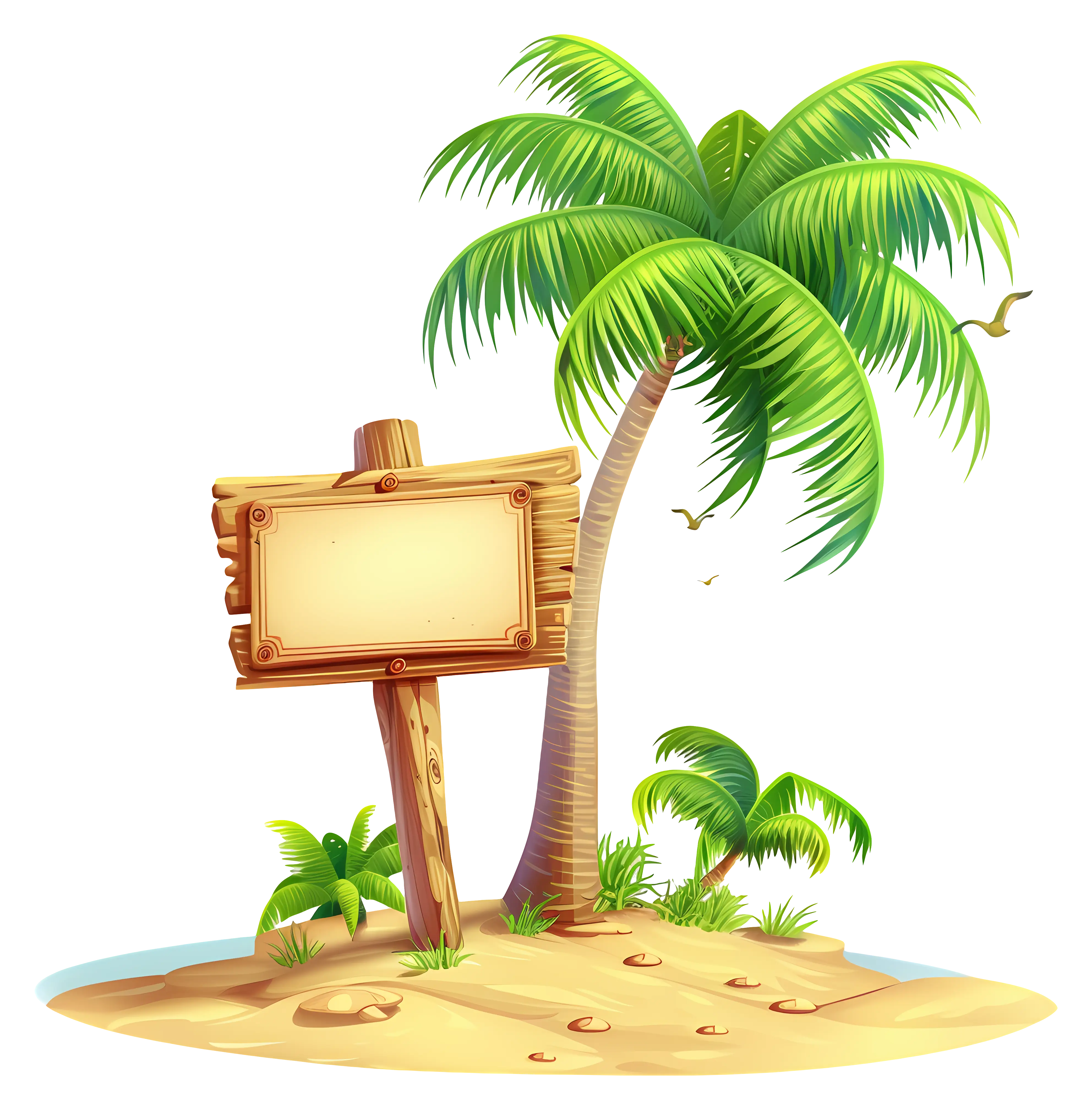 Tropical Island with Palm Tree and Wooden Sign