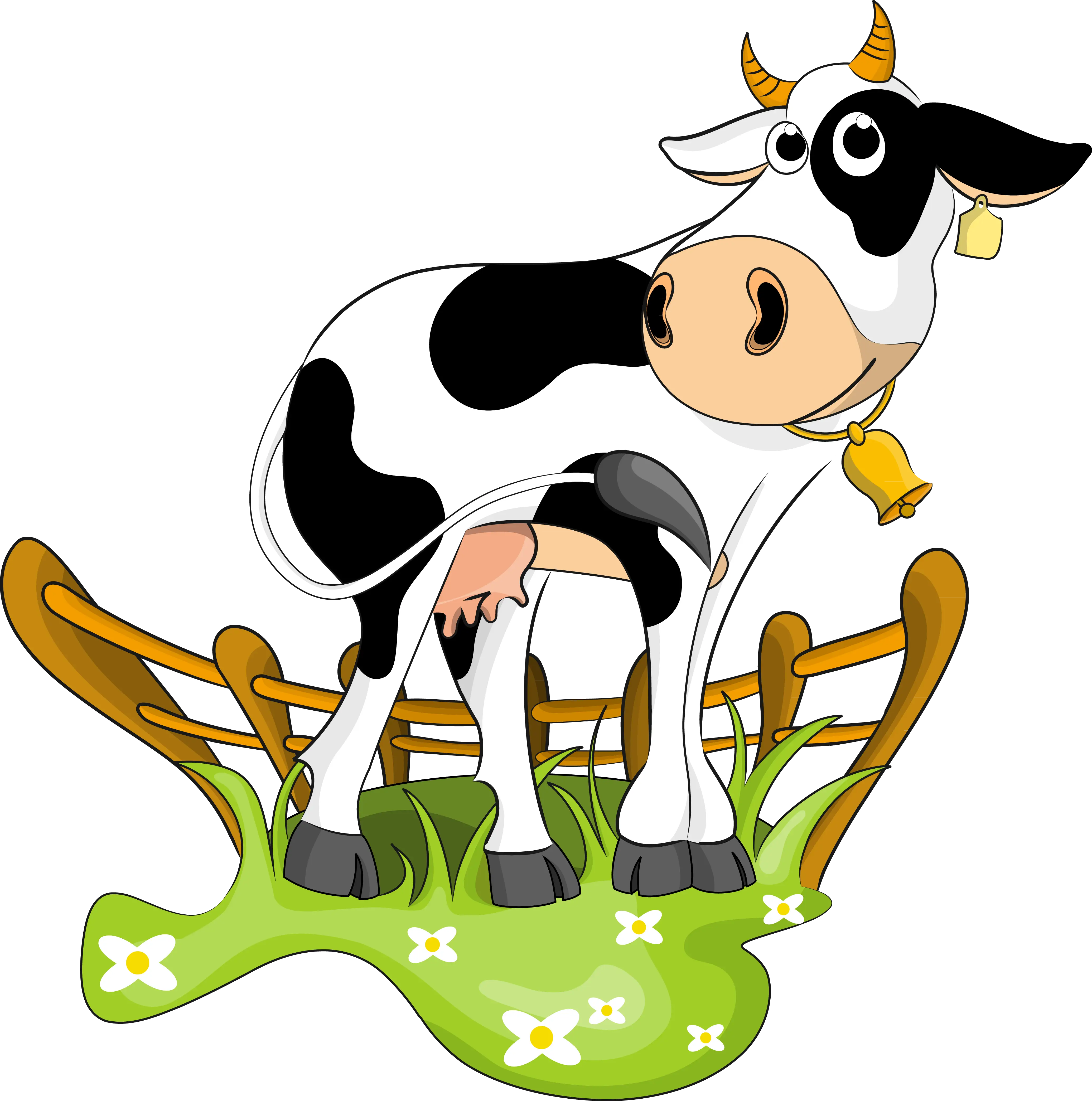 Cartoon Black and White Cow on Green Grass