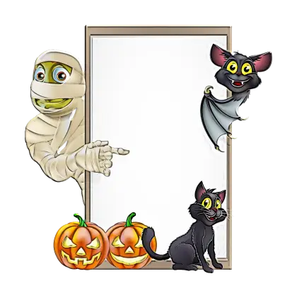 Halloween Frame with Mummy, Cat, and Pumpkins