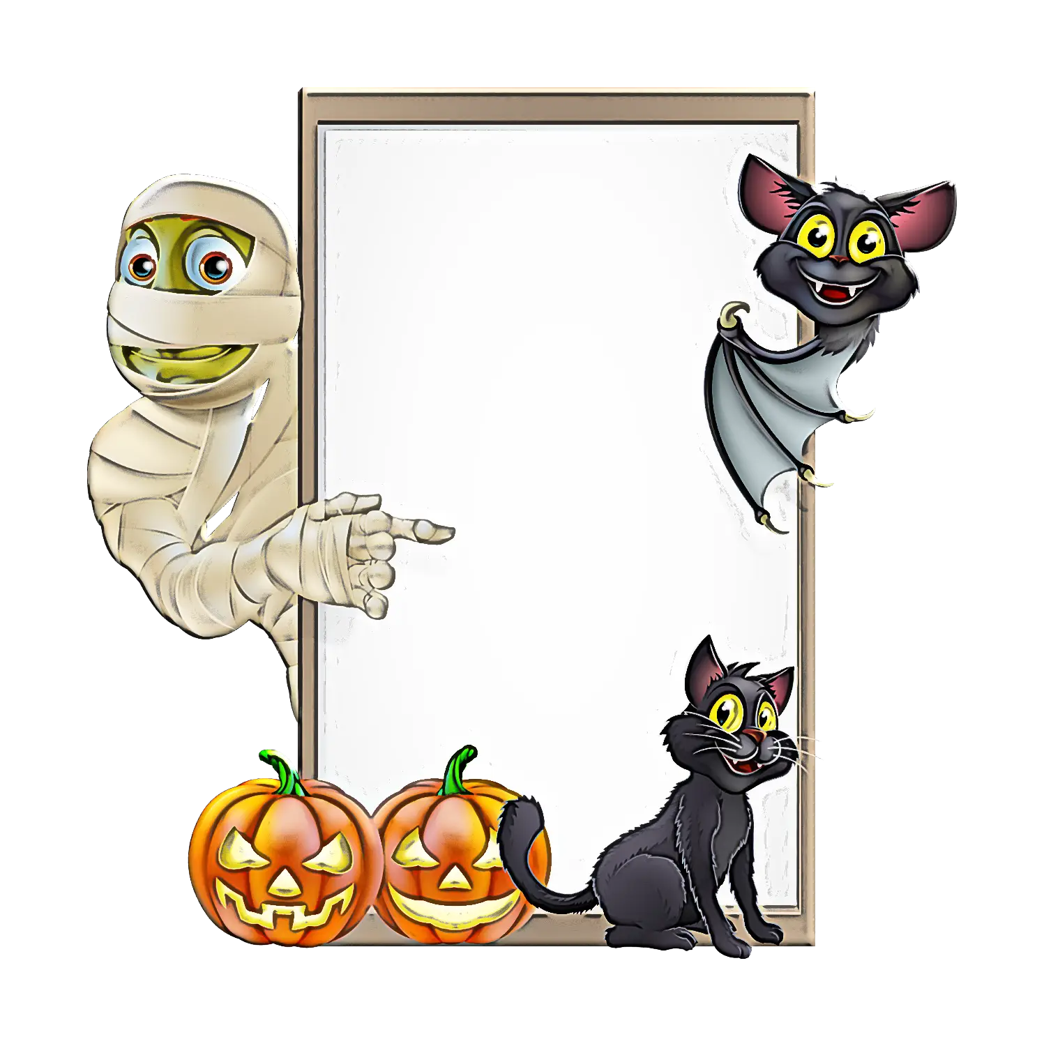 Halloween Frame with Mummy, Cat, and Pumpkins