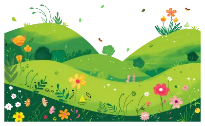Illustrated Green Grassy Landscape with Flowers