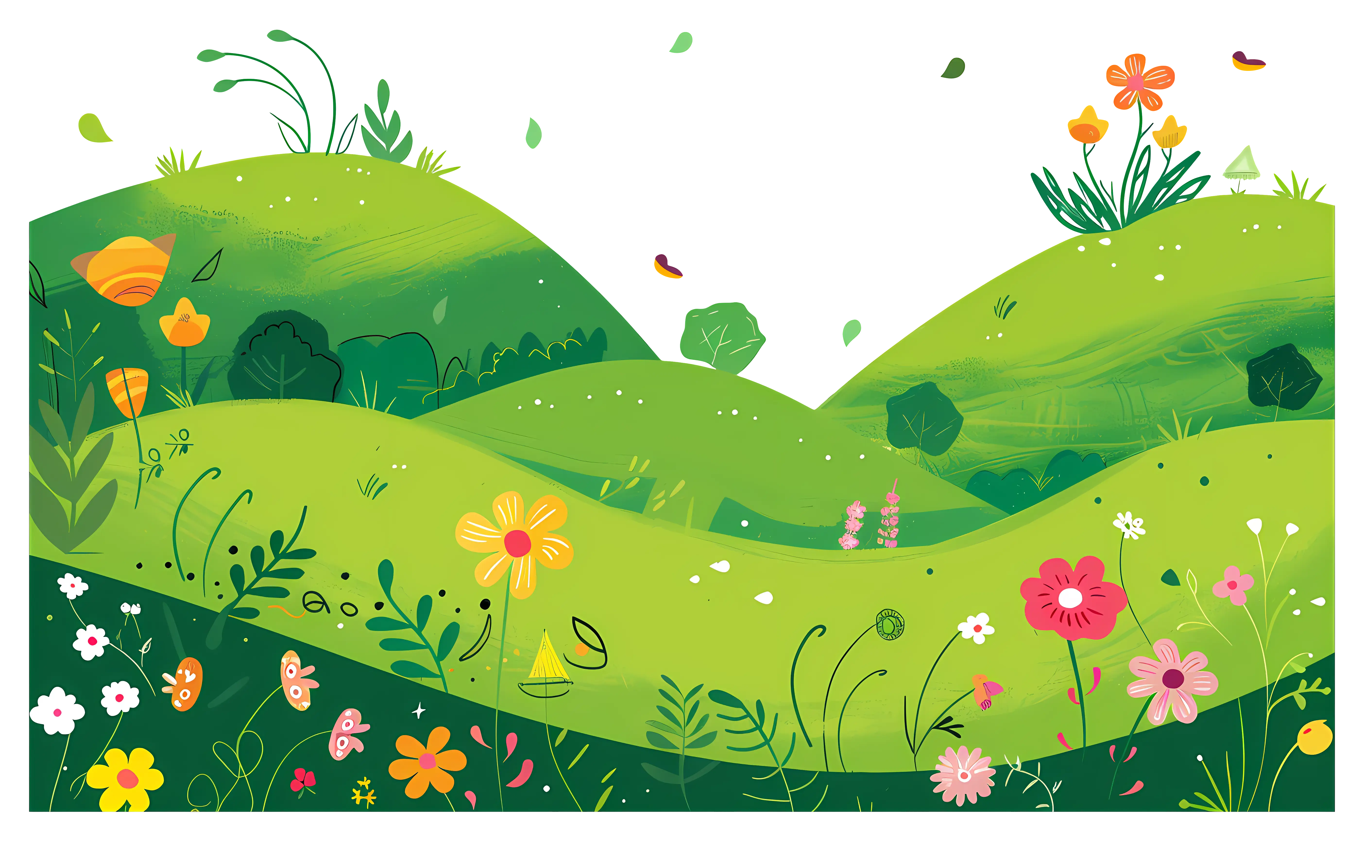 Illustrated Green Grassy Landscape with Flowers