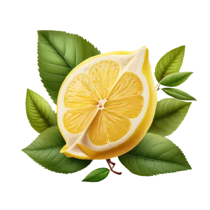 Bright Yellow Lemon Slice with Fresh Leaves