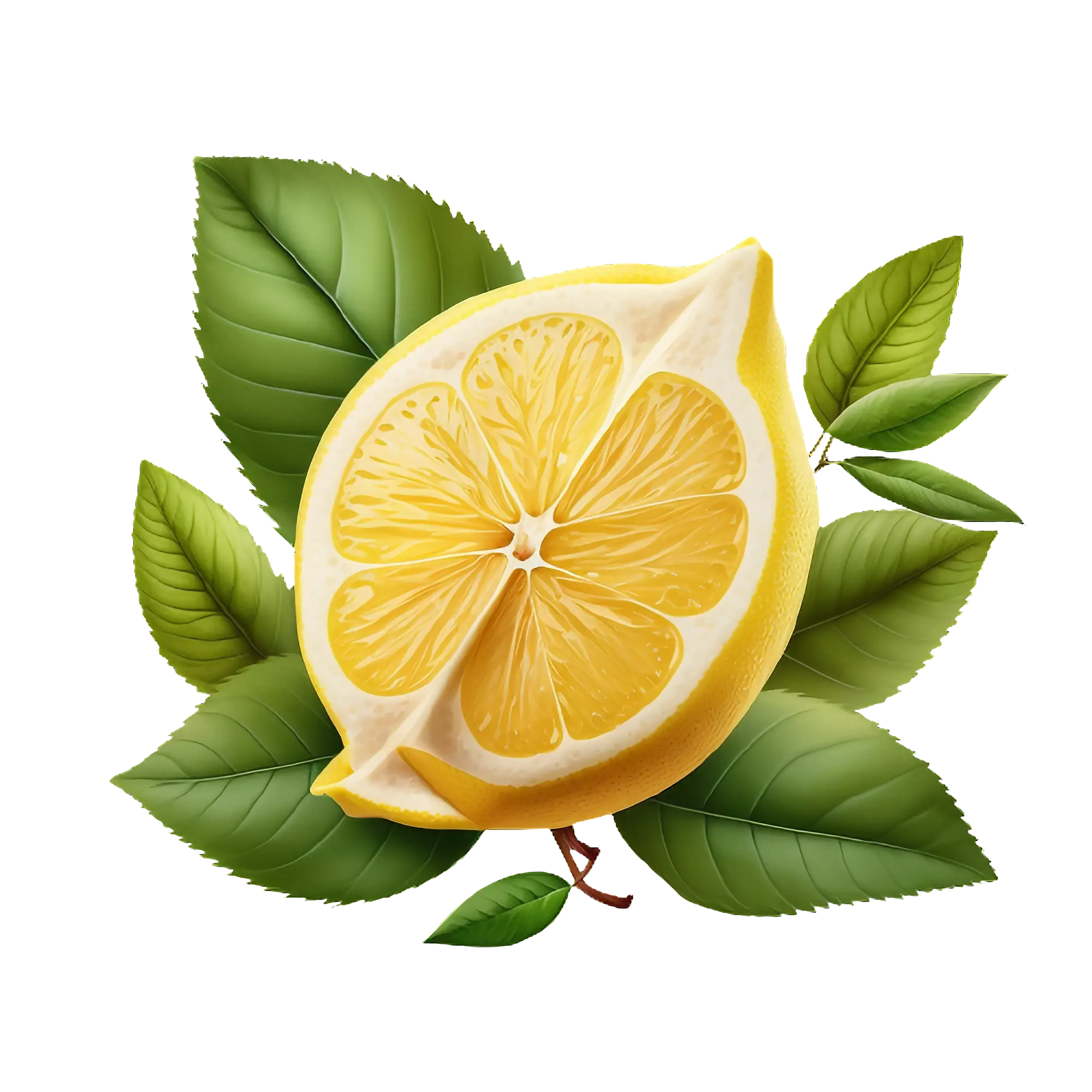Bright Yellow Lemon Slice with Fresh Leaves