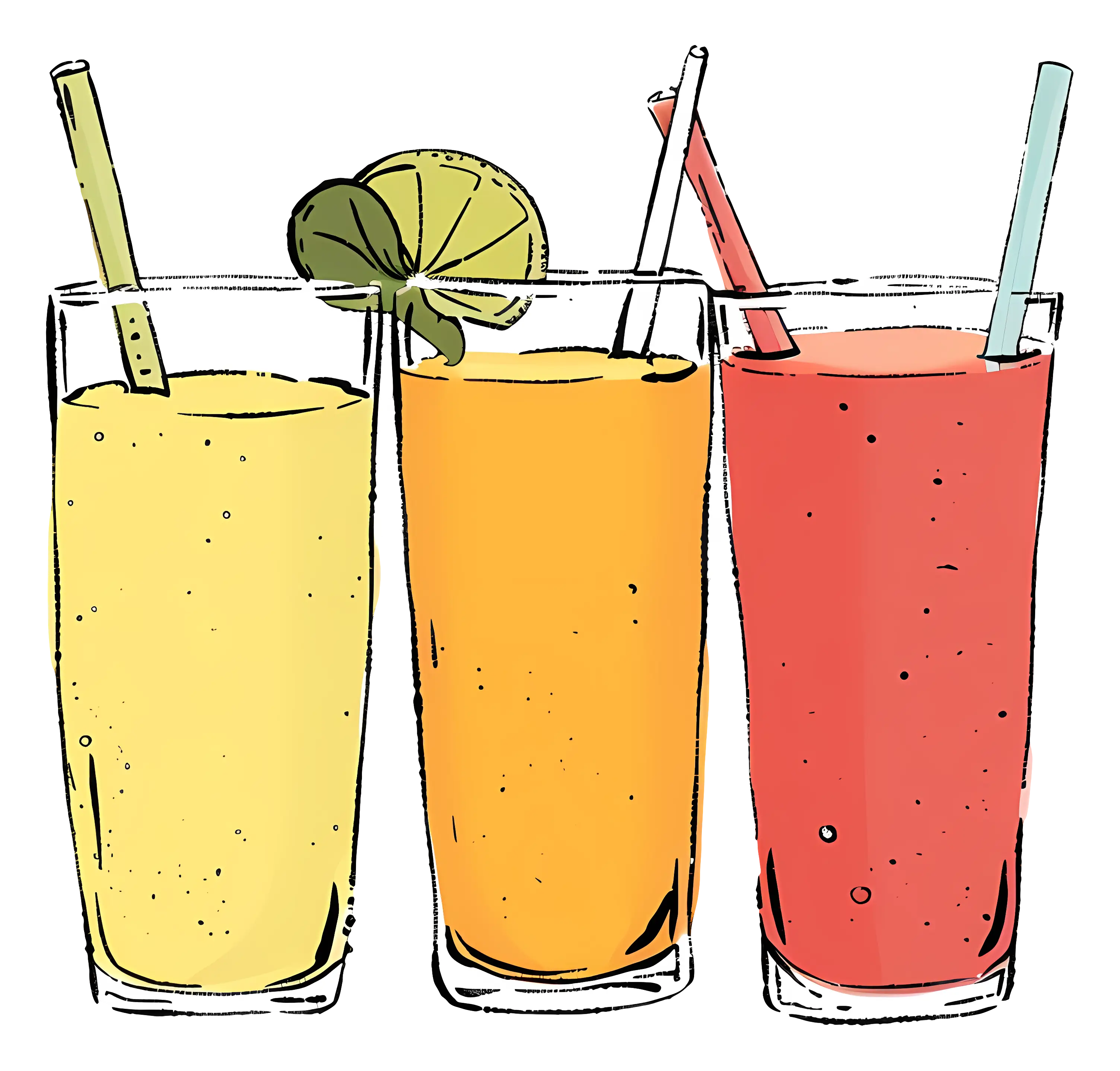 Glasses of Fruit Juices with Lime and Straws