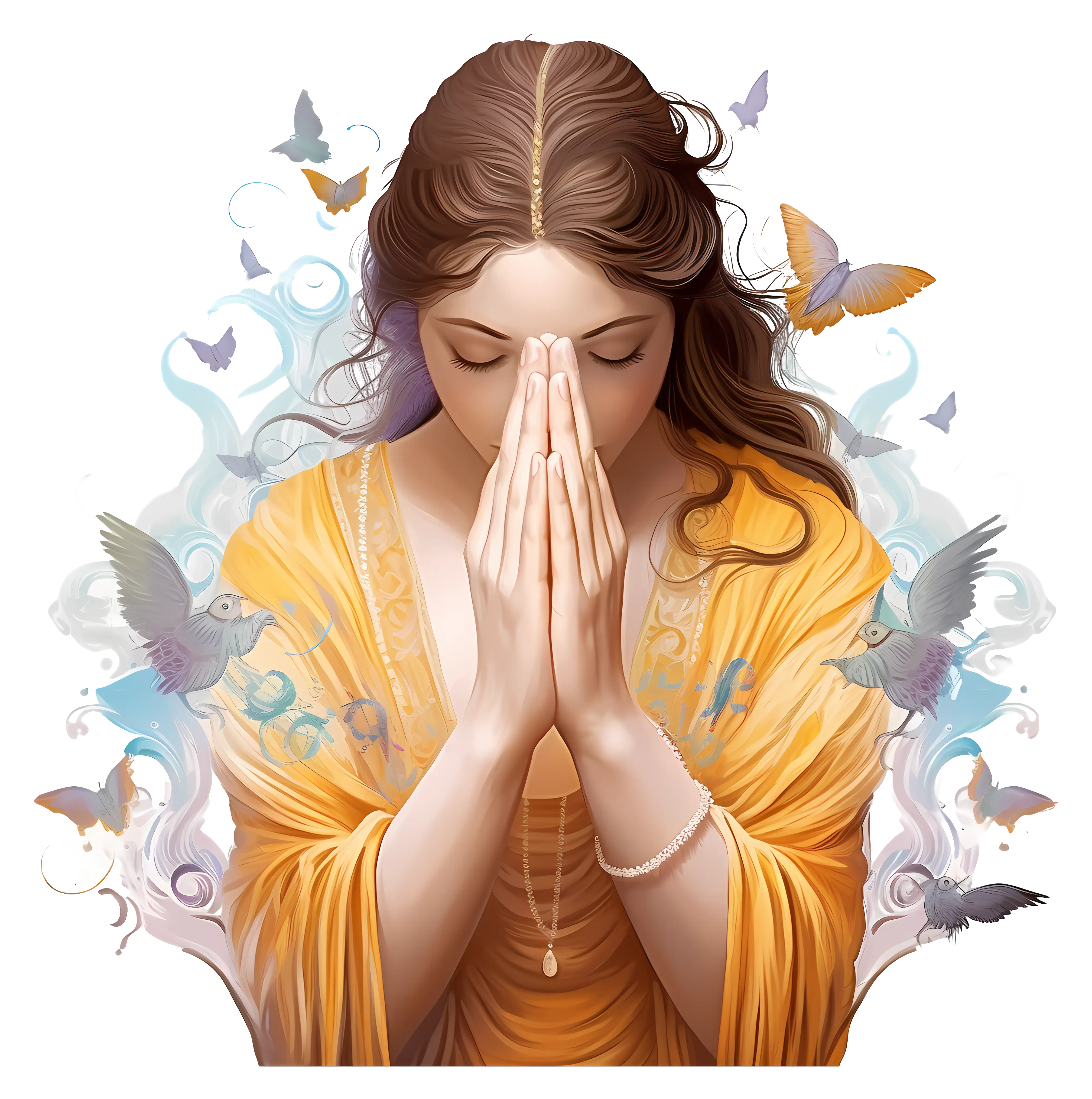 Woman Praying with Butterflies Illustration