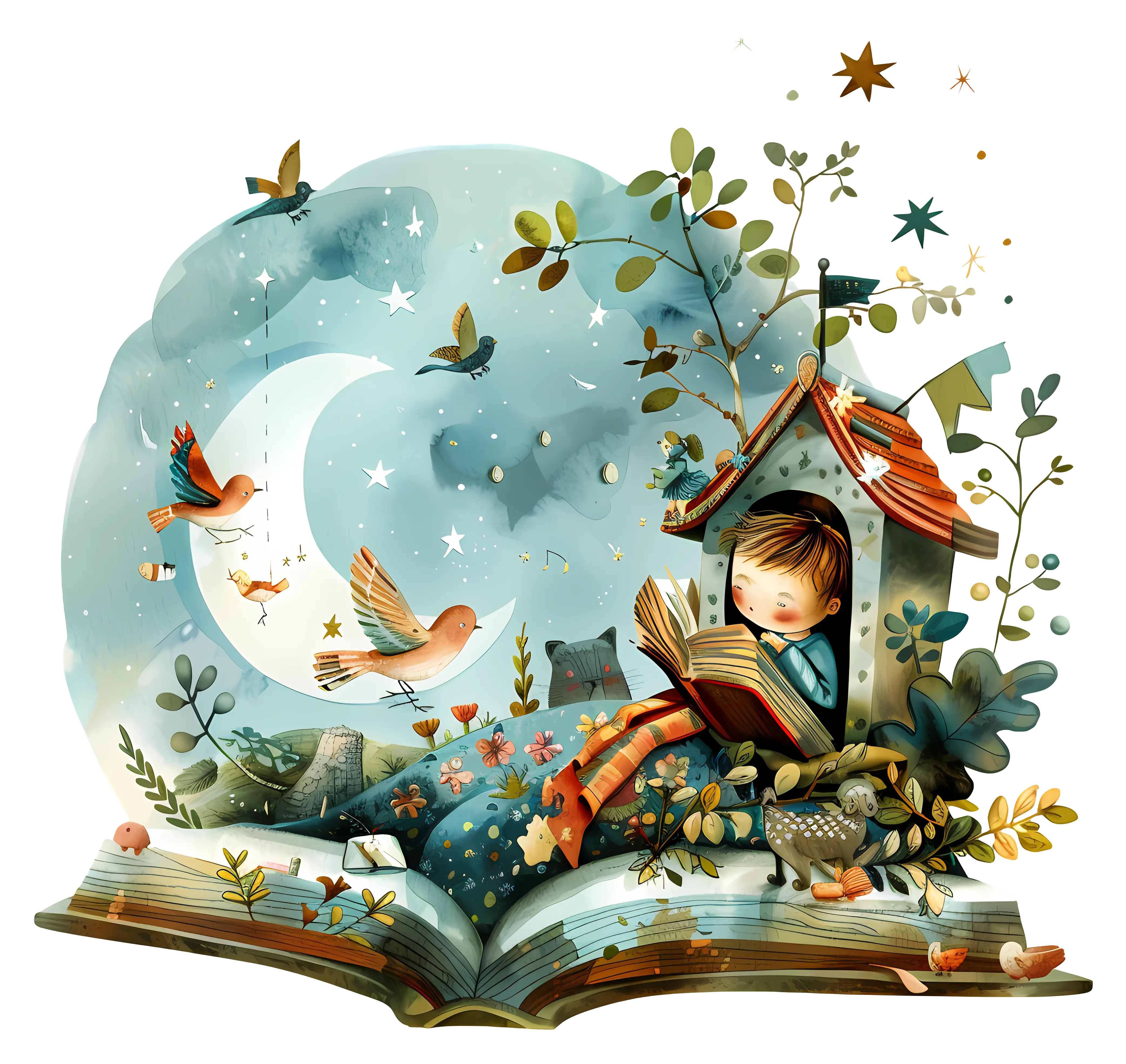 Child Reading Book in Nature