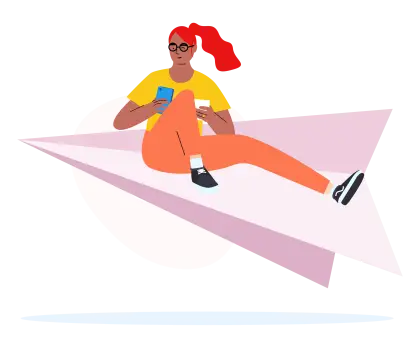 Woman Sitting on Paper Airplane with Phone