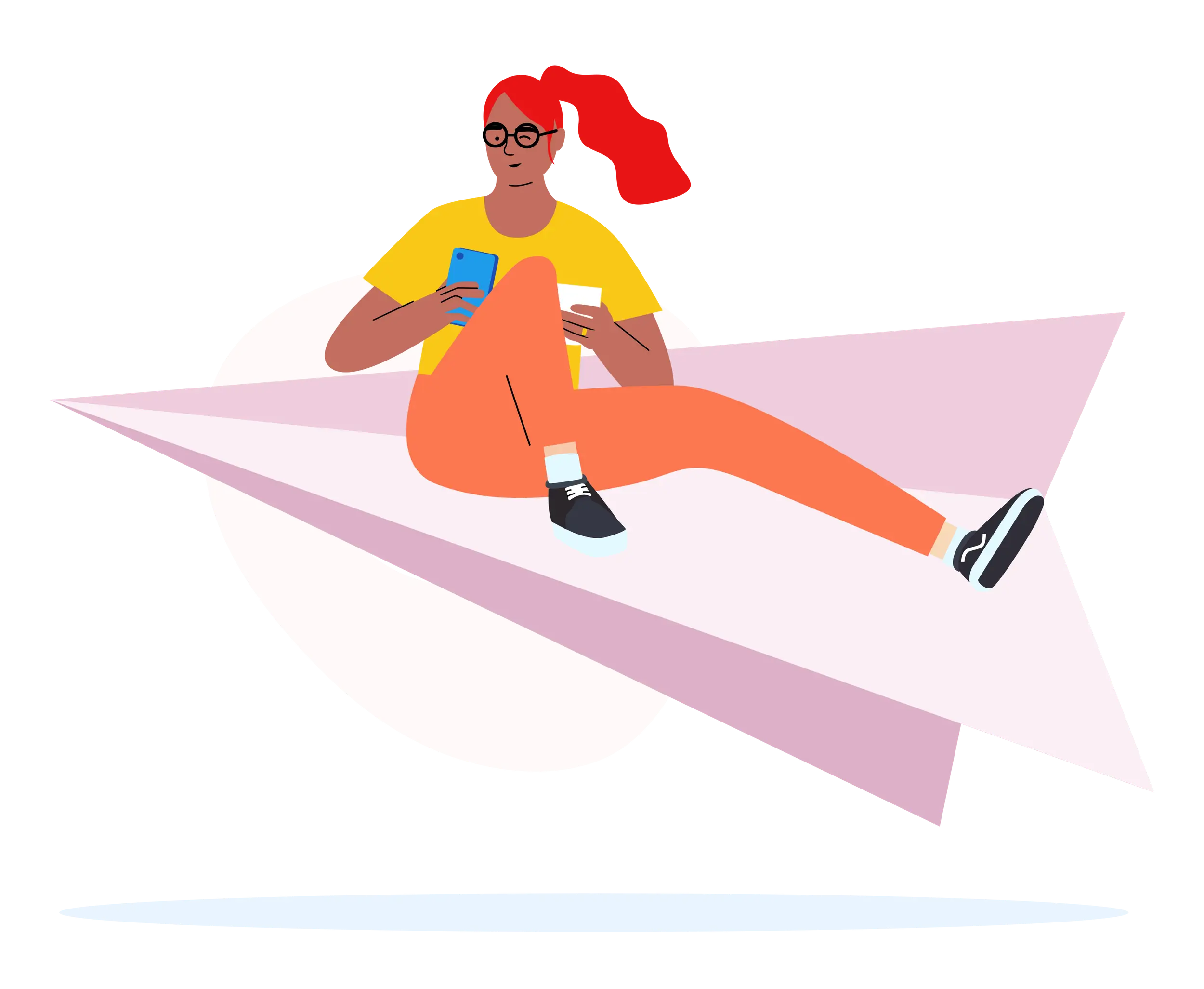 Woman Sitting on Paper Airplane with Phone