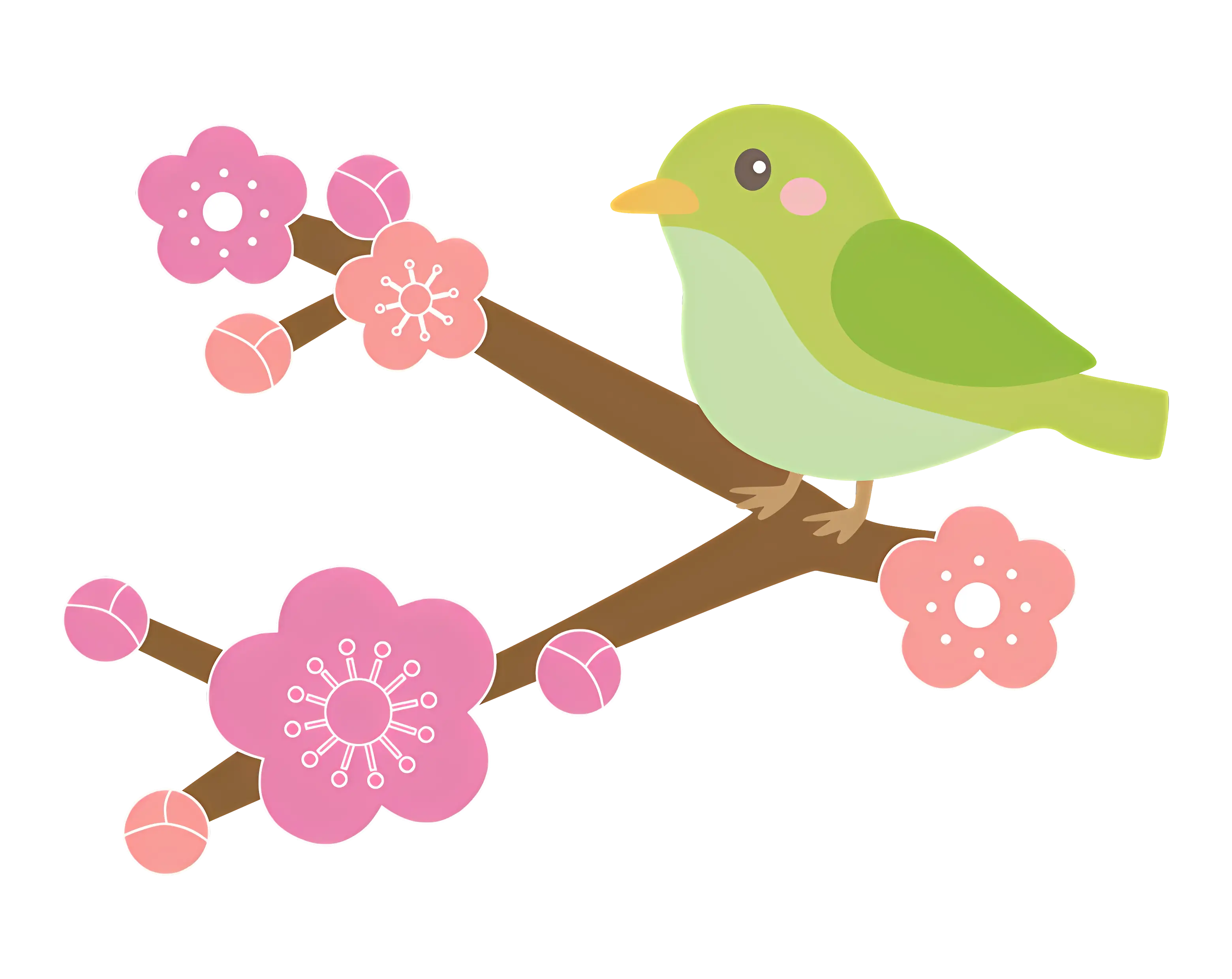 Green Bird on a Cherry Blossom Branch