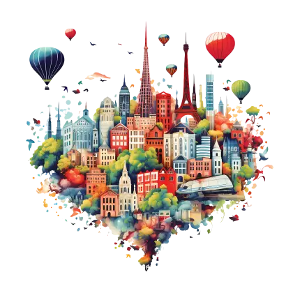 Colorful Cityscape with Hot Air Balloons
