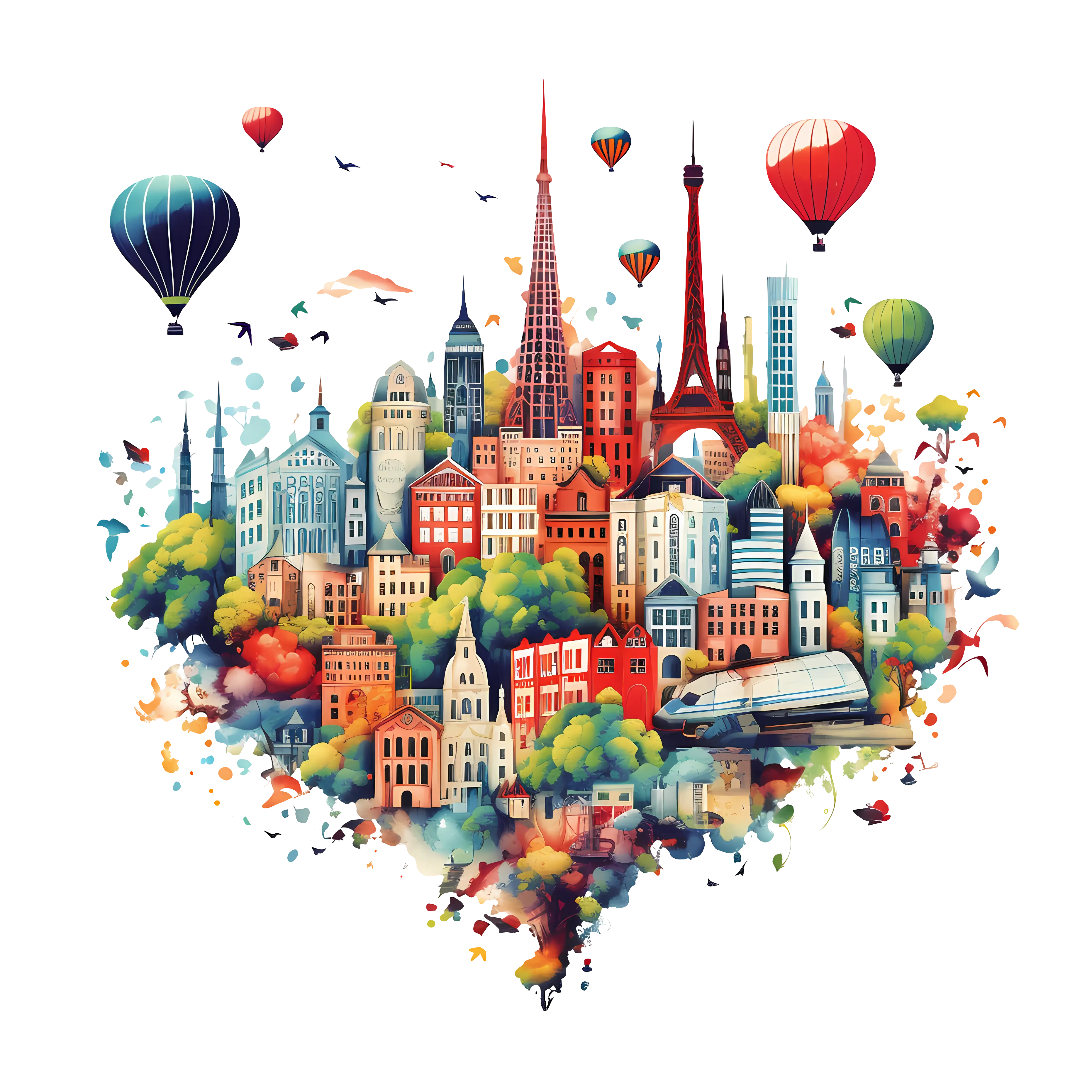 Colorful Cityscape with Hot Air Balloons