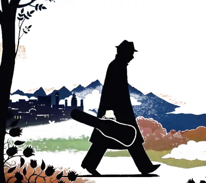 Silhouette of Man Walking with Guitar