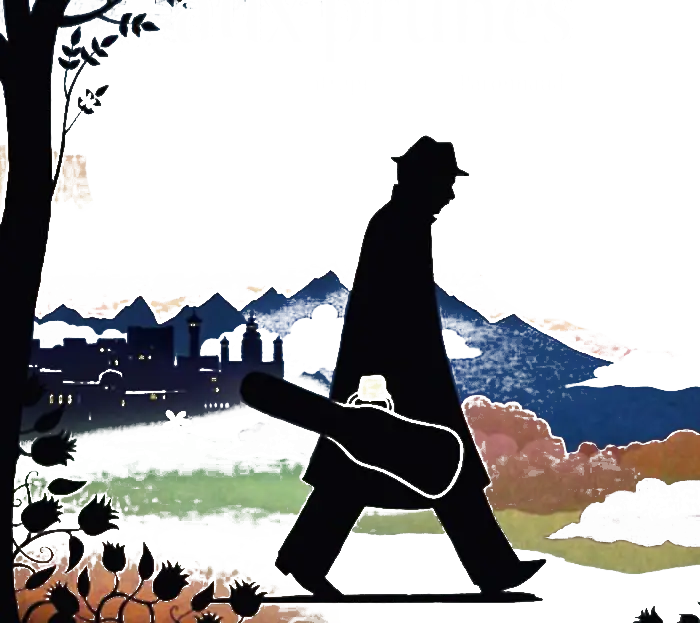 Silhouette of Man Walking with Guitar