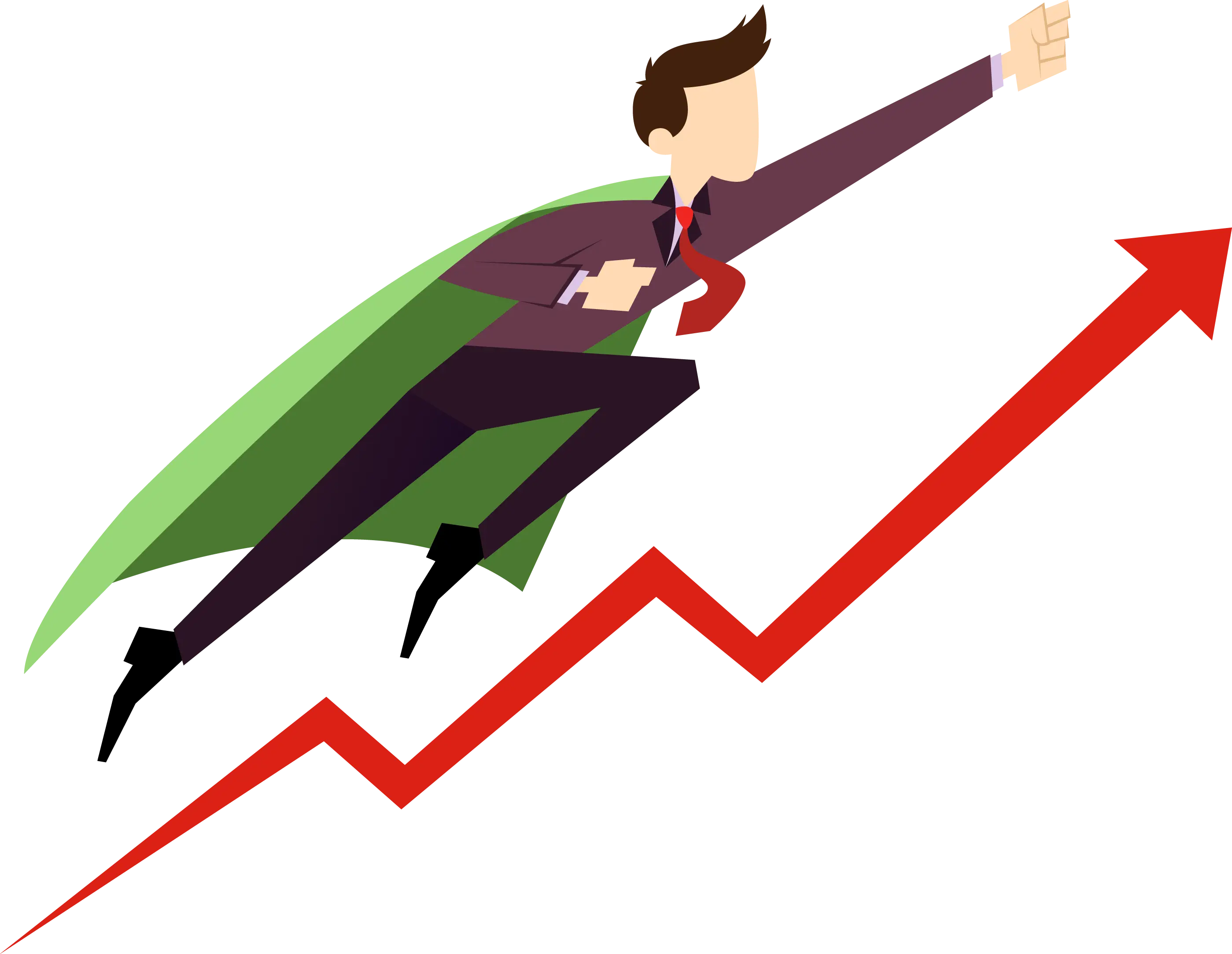 Superhero Businessman Flying Along a Red Growth Graph