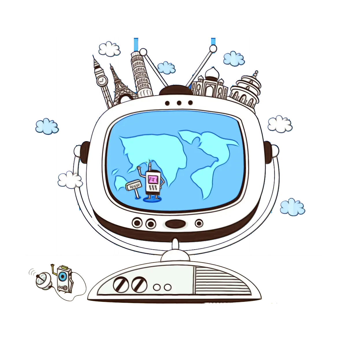 Television with World Map and Buildings