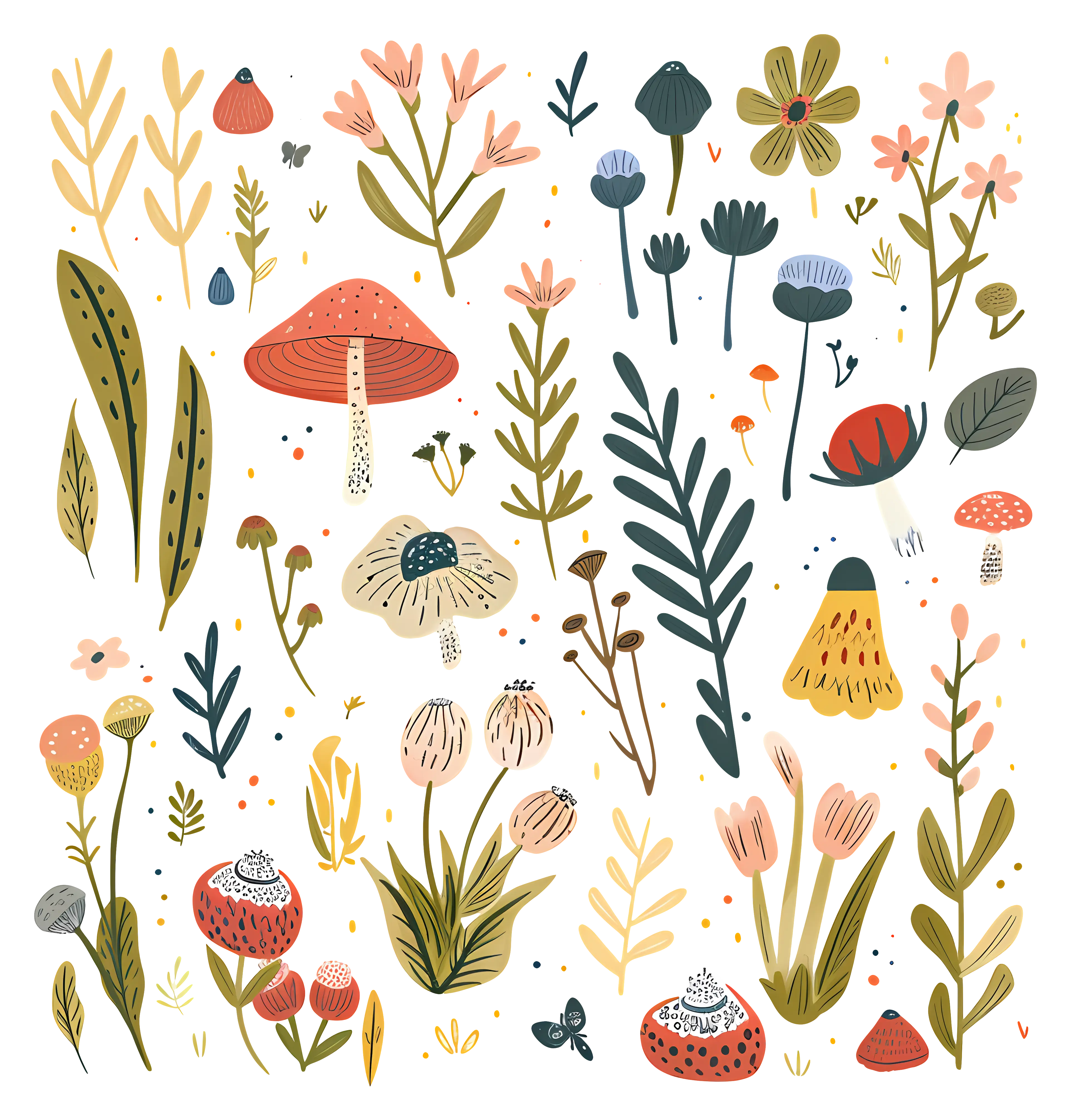 Botanical Illustration with Flowers and Mushrooms