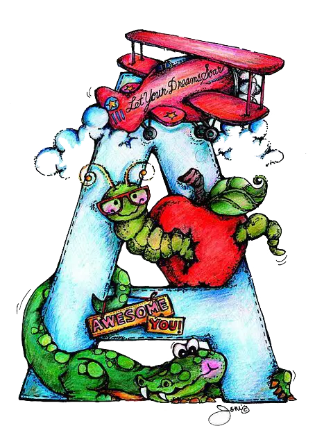 Colorful Letter A with Apple and Airplane