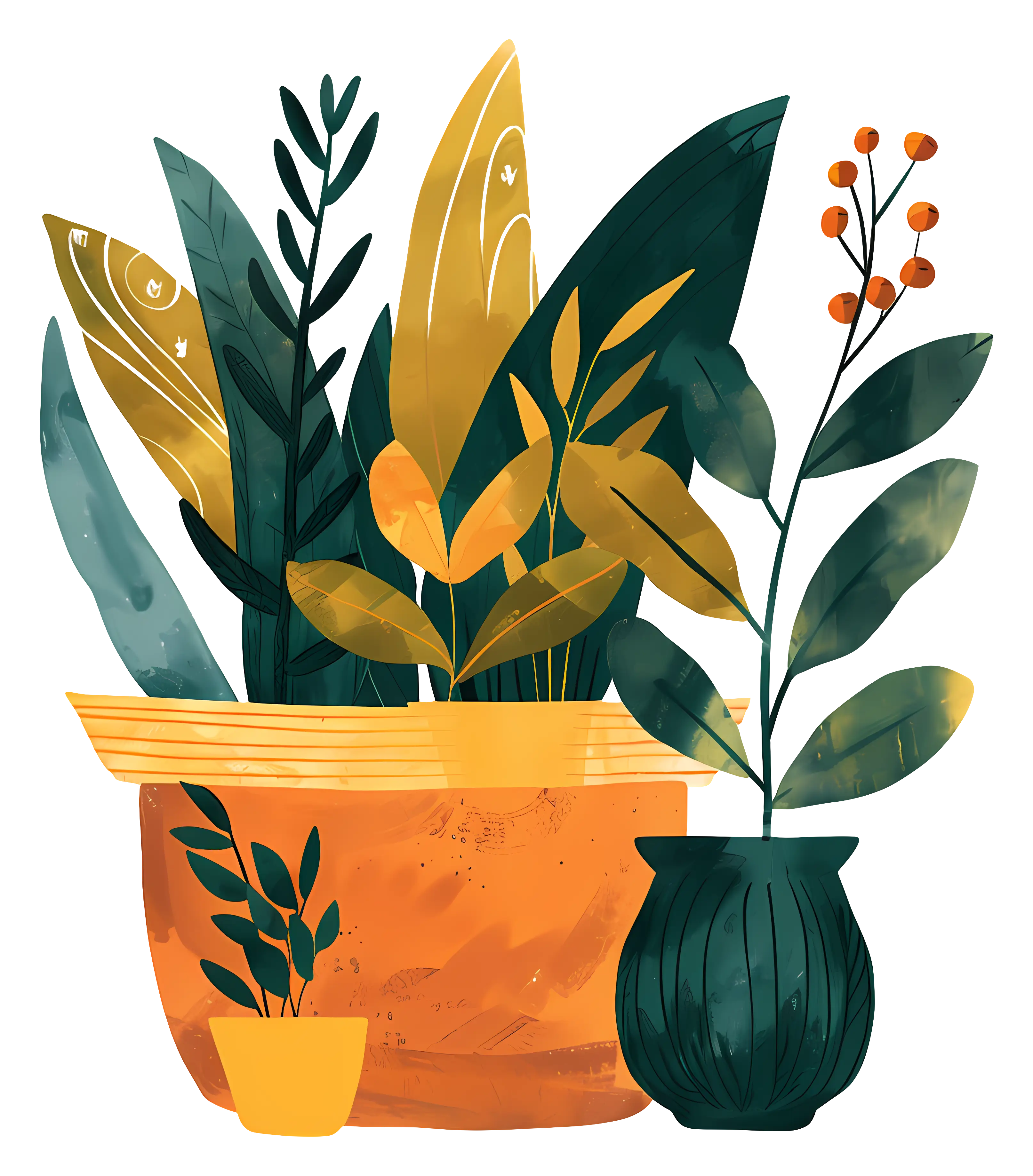 Vibrant Illustrated Potted Plants in Decorative Pots