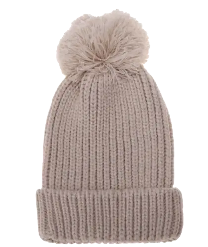 Beige Knit Winter Hat with Pom-pom