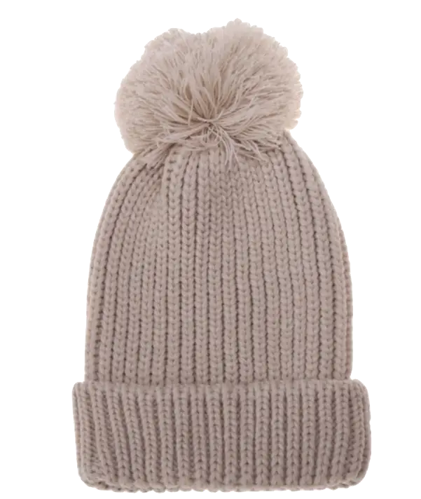 Beige Knit Winter Hat with Pom-pom