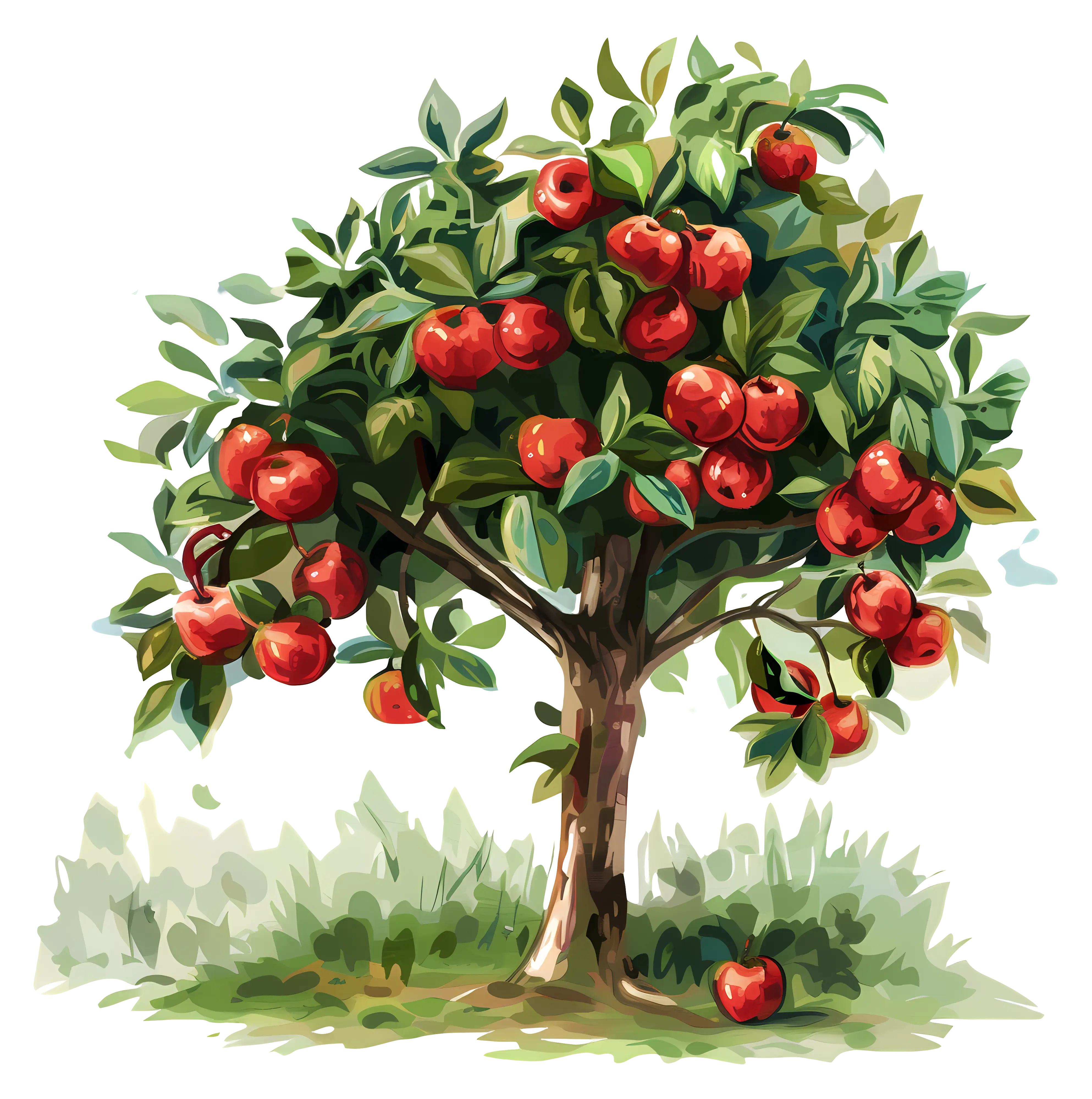 Illustration of an Apple Tree with Lush Red Apples