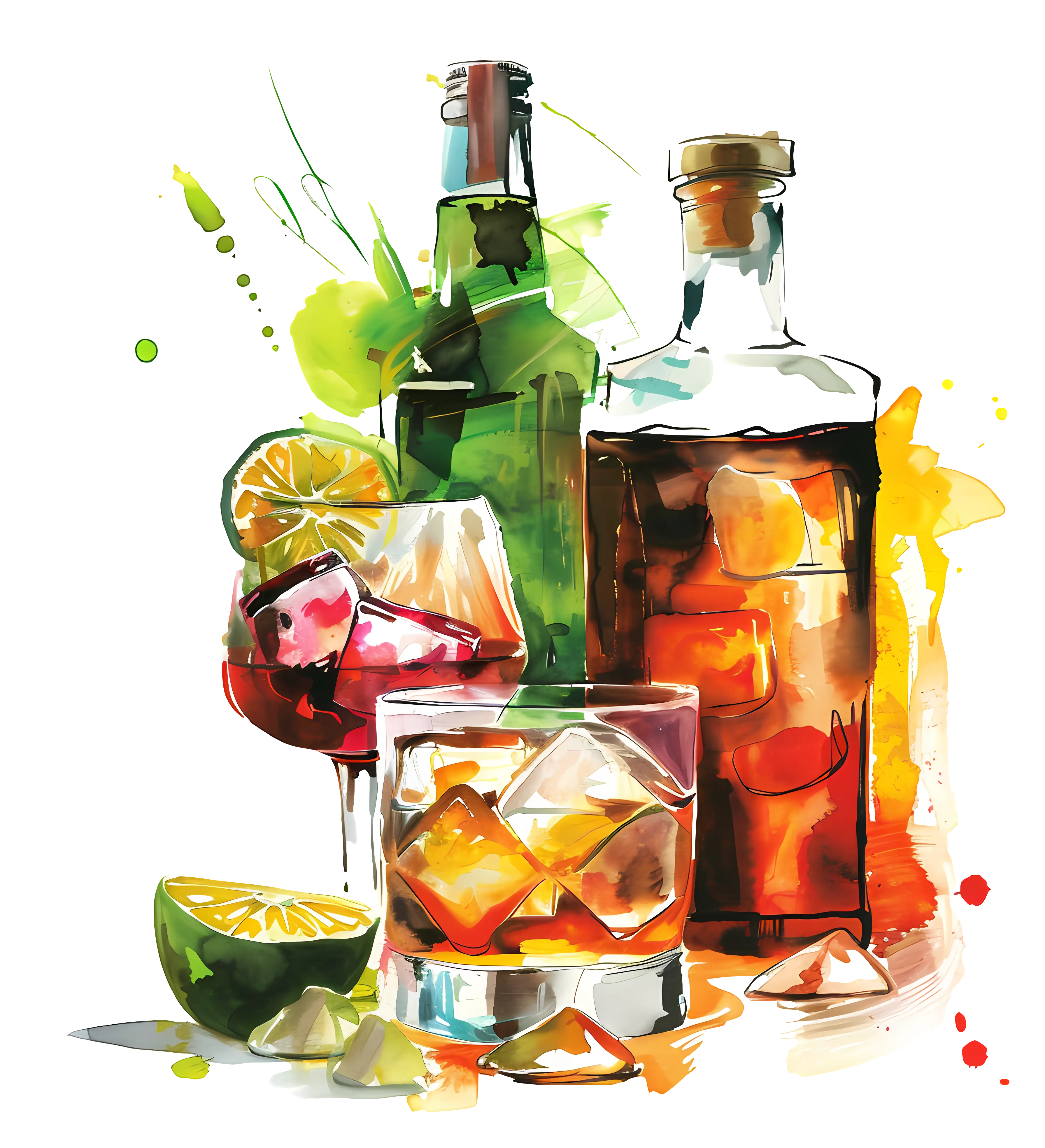 Colorful Beverage Bottles and Glasses