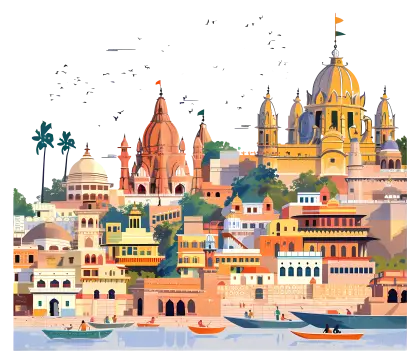 Illustration of Indian Temples and Cityscape